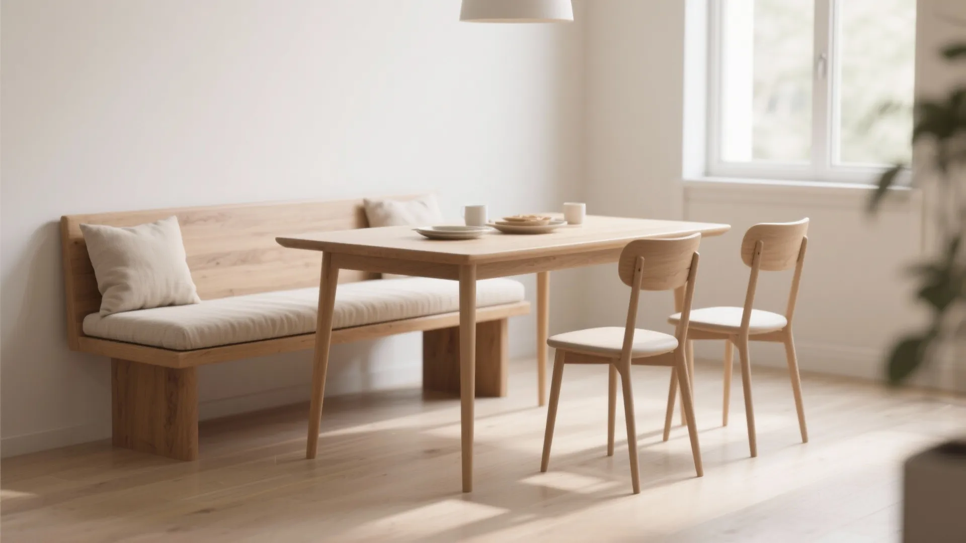 Modern wooden dining table set with bench seats and two chairs in bright minimalist room