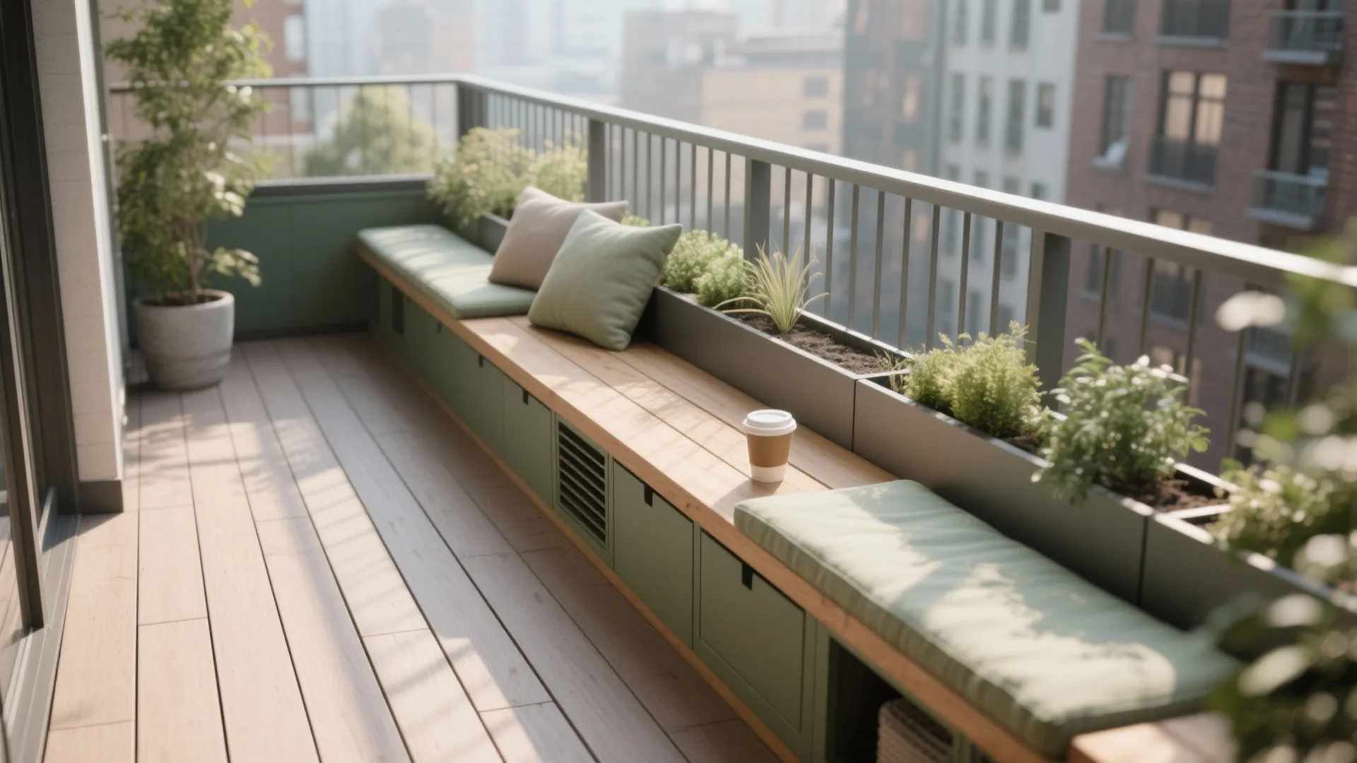 Streamlined storage bench with slim planting