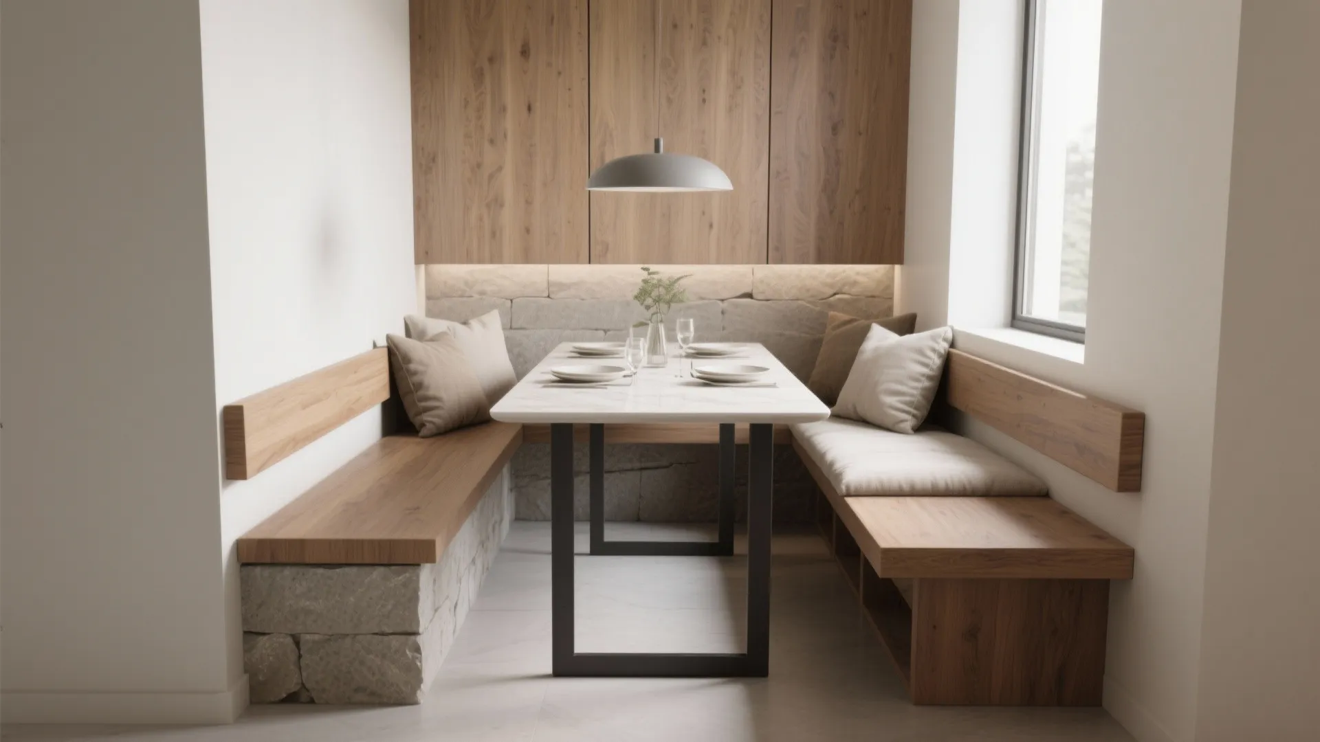 Modern dining area with slim white table and wooden benches featuring a grey hanging ceiling light