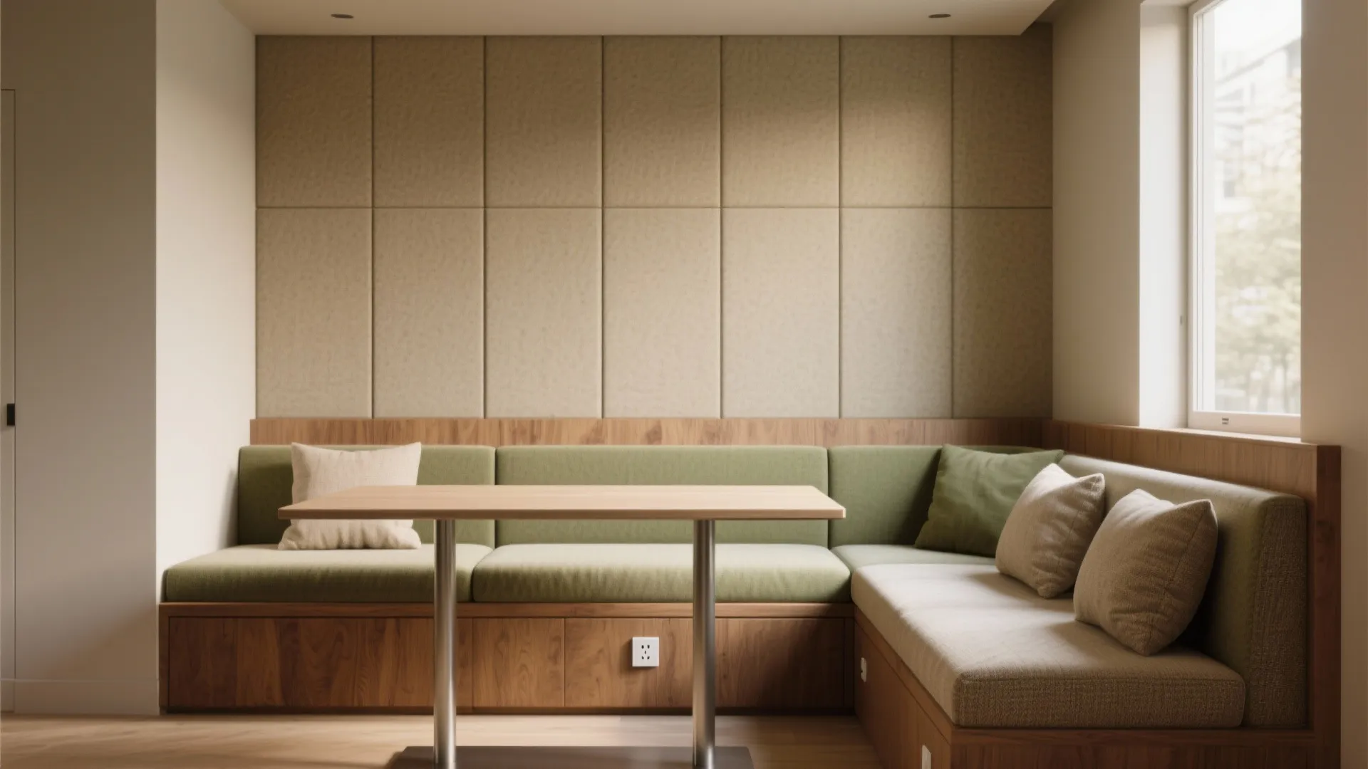 3. Built-in bench seating + slim table