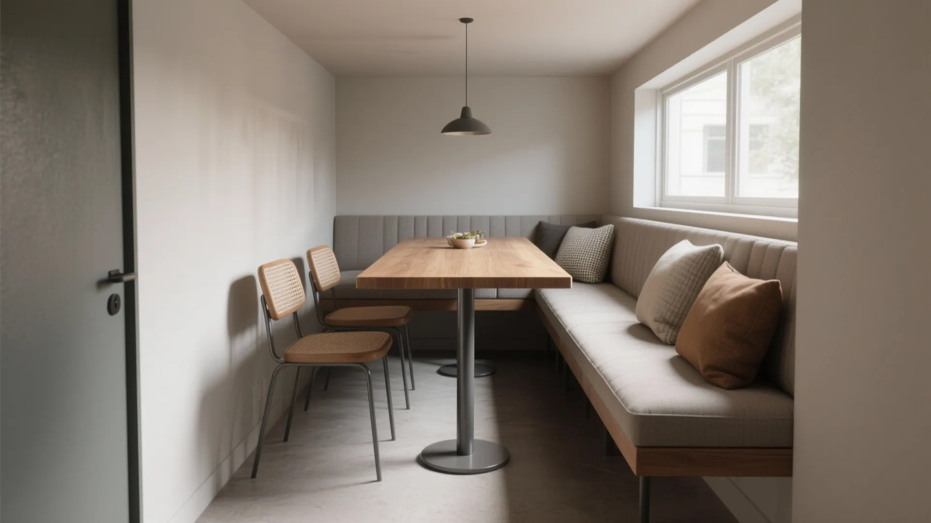 Modern dining area with wooden table corner bench seating two chairs and a black ceiling light