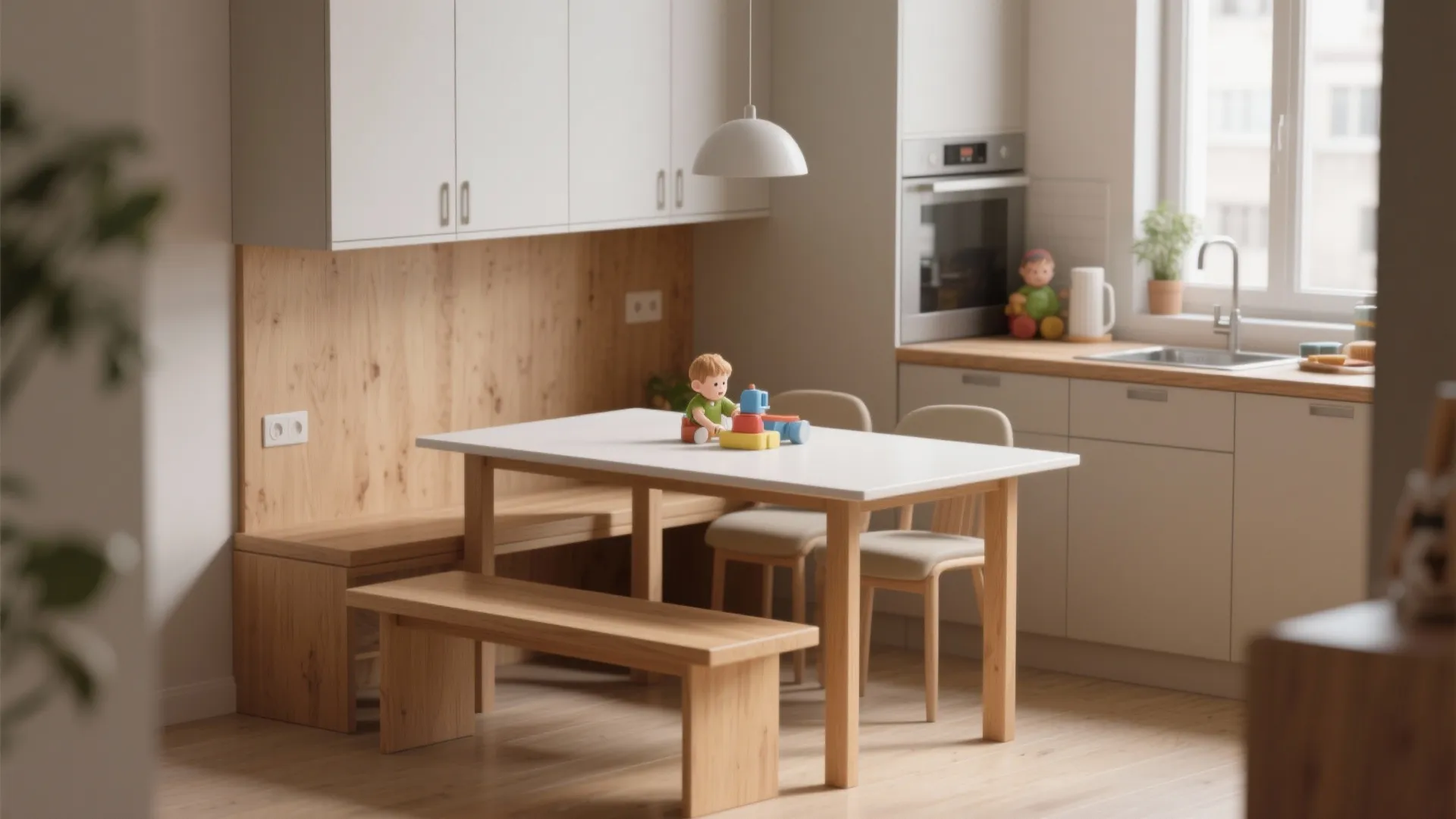 4. Bench seating with a slim table