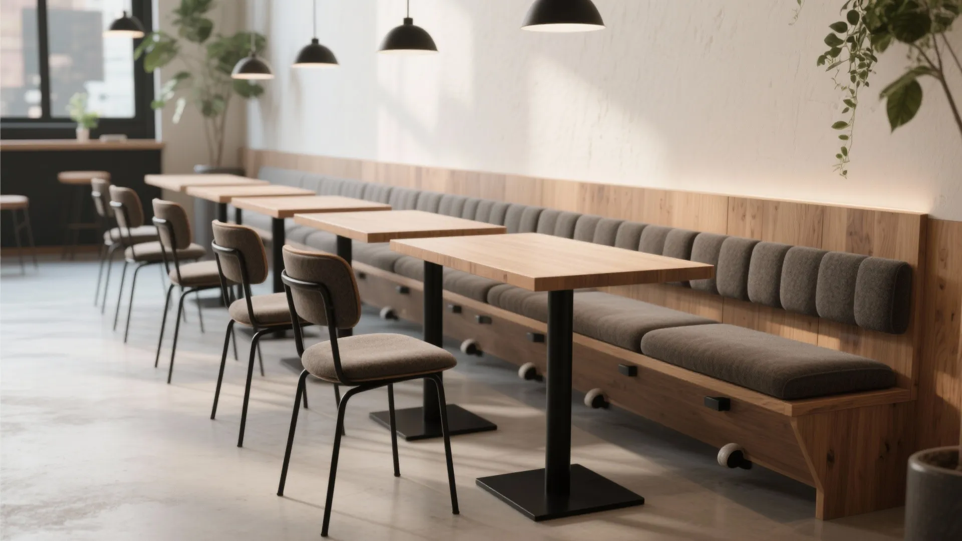 Long wooden bench with grey cushions and small square tables in a modern dining room