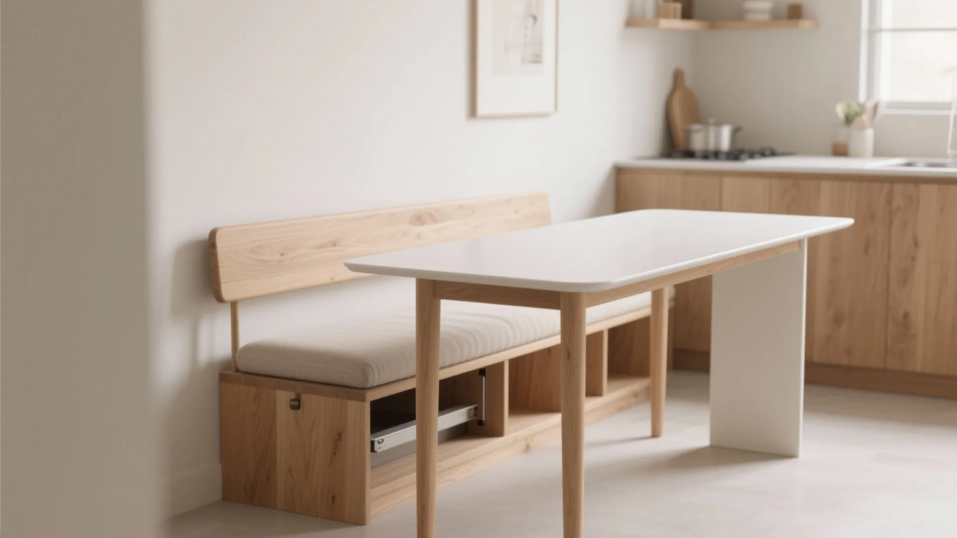 1. Slim rectangular table with bench seating