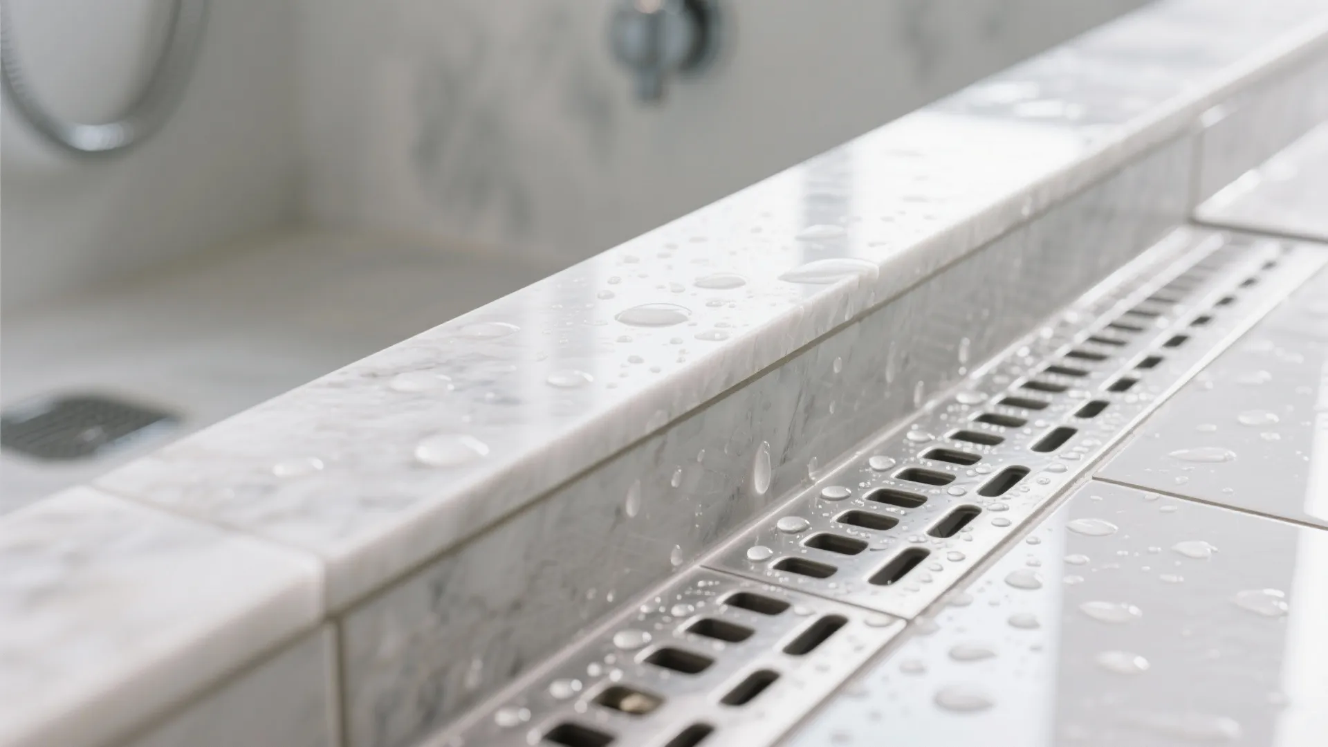 Close up of marble bathroom surface with water drops and metal floor drain in wet area