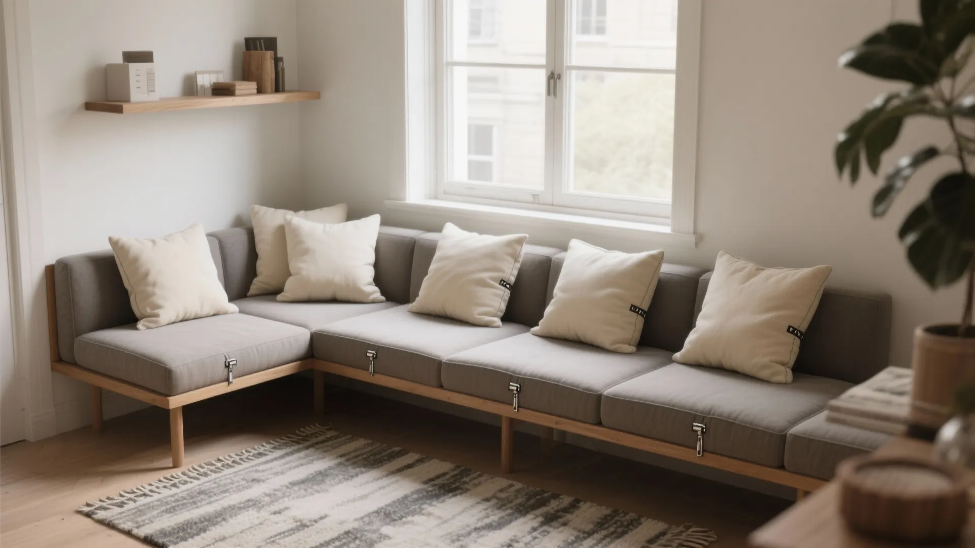Bench-style sofa with plush back cushions