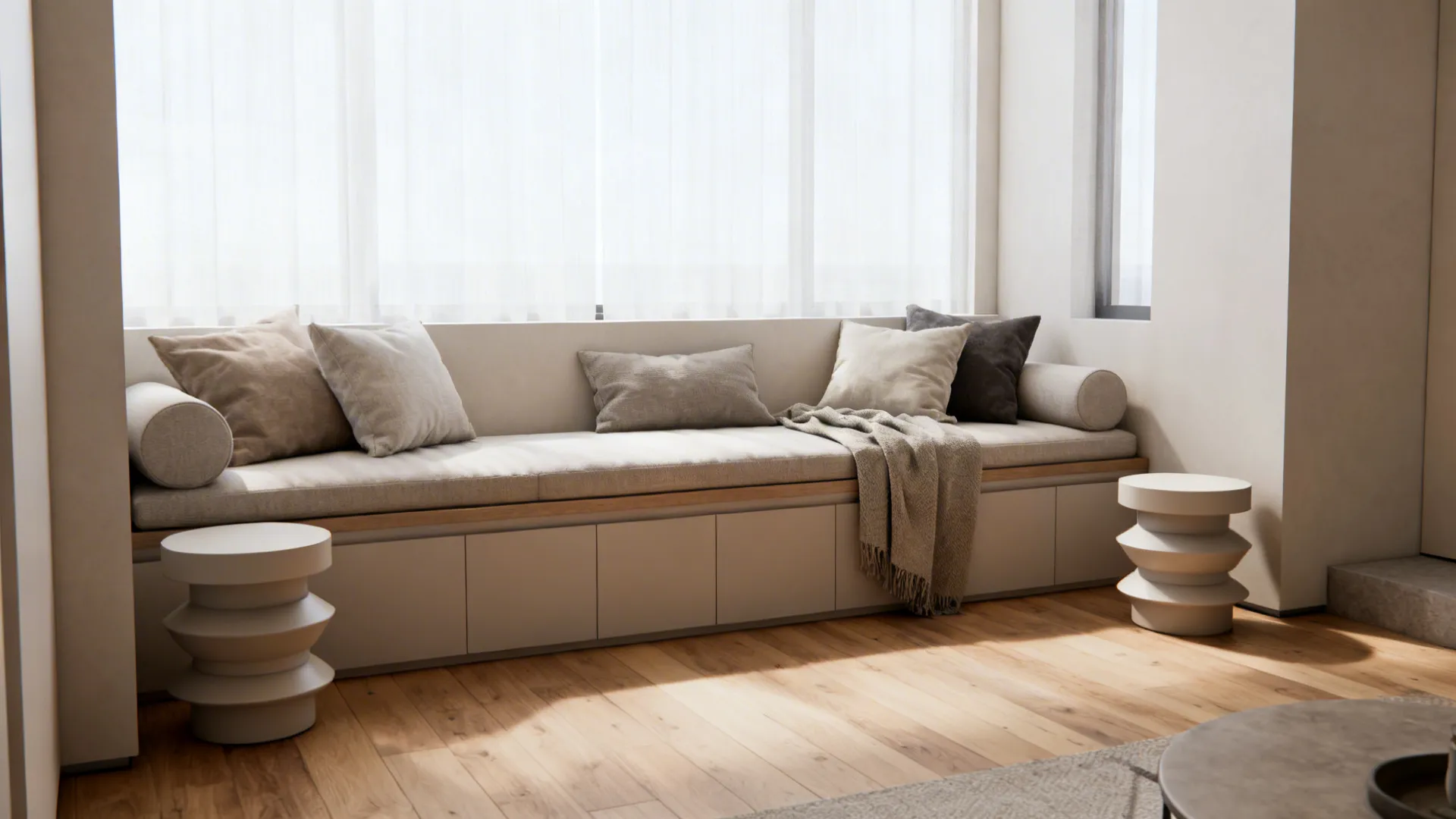 Bench-style sofa with stackable side tables and layered cushions in a compact living space.