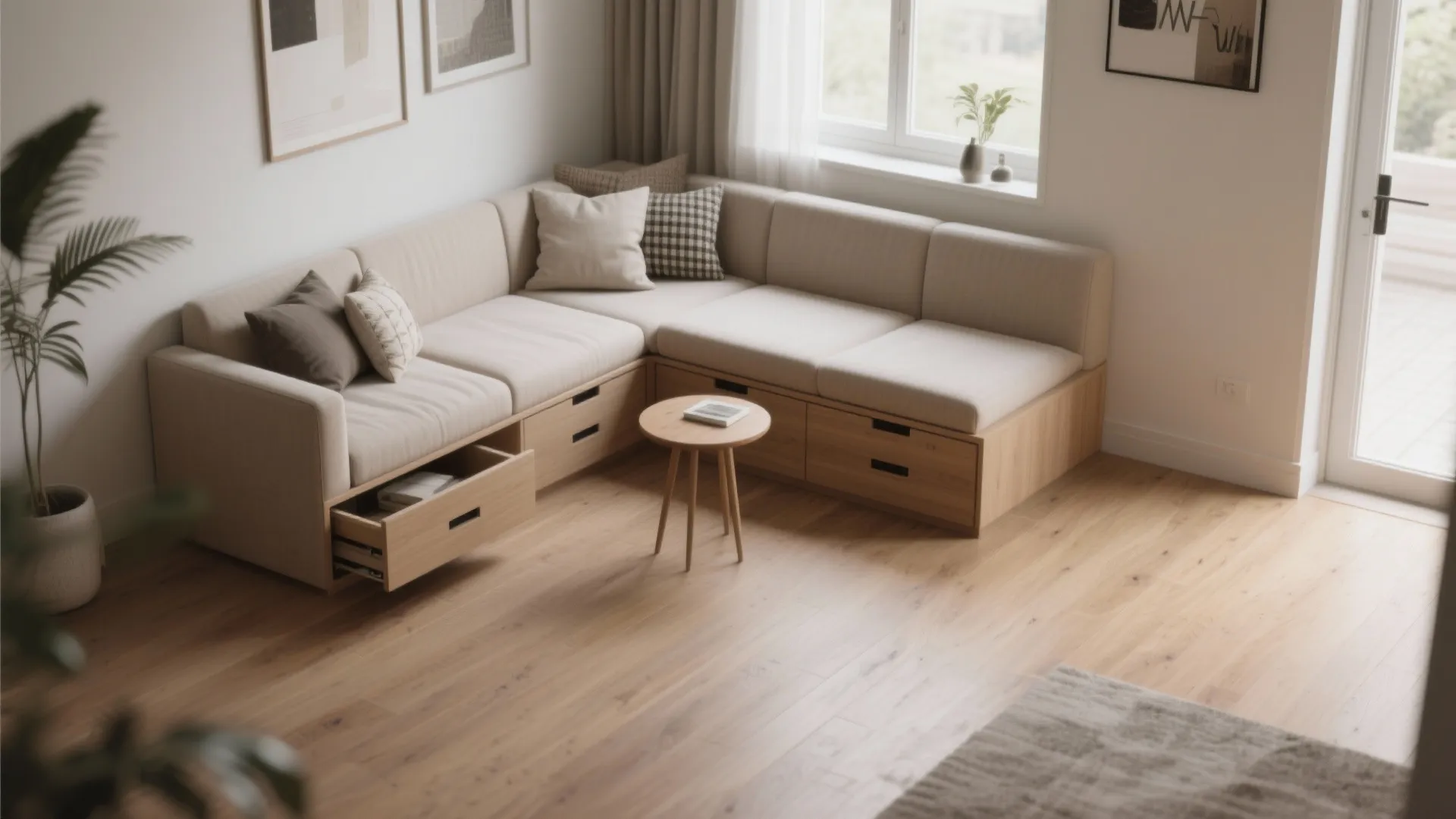 Corner sofa with wooden storage drawers underneath sitting in a bright living room with sunlight