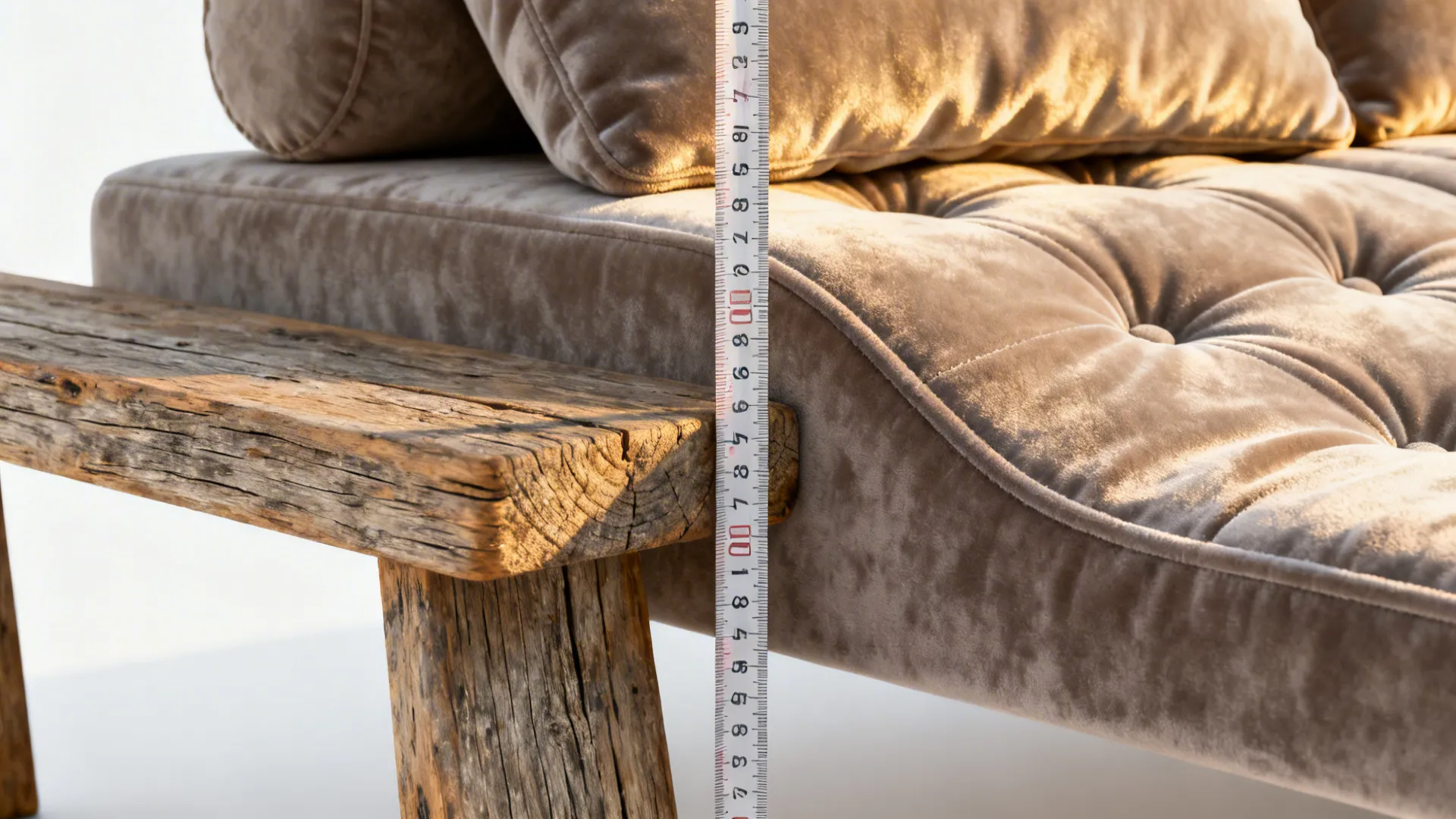 Close-up showing bench and sofa seat height relationship with cushions and measuring tape.