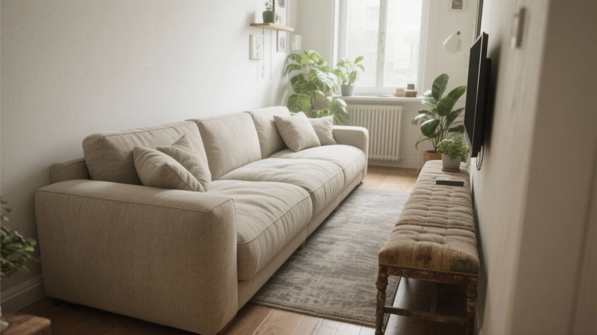 Modern living room with a large beige sofa grey rug green plants and a footrest