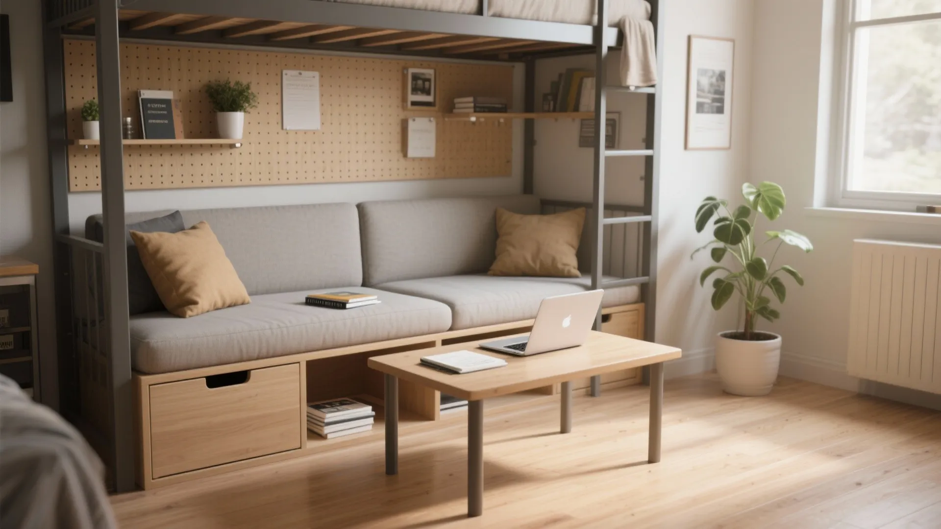 Modern small apartment space with sofa under bunk bed wooden coffee table laptop and green plant