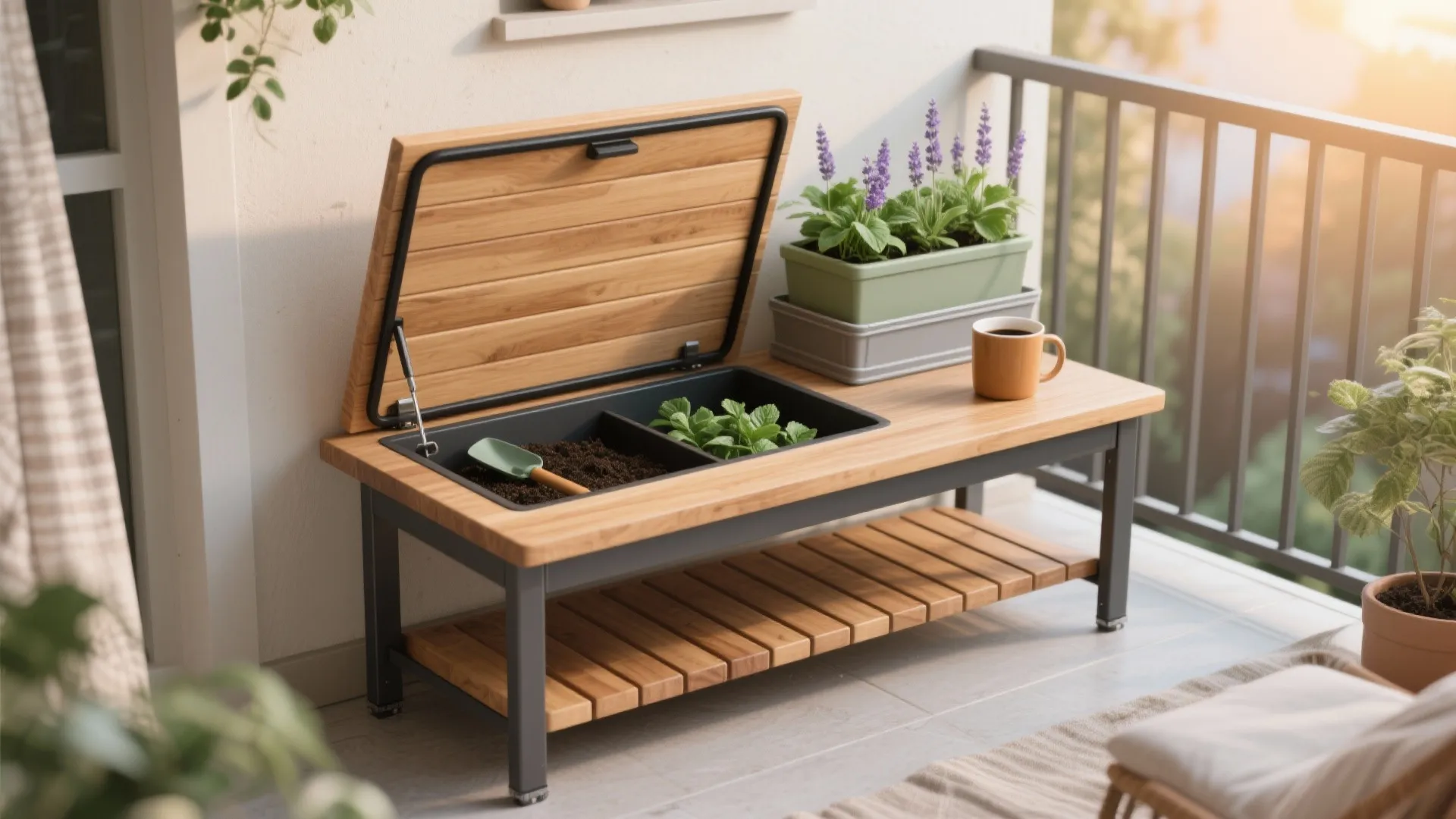 Wood-and-metal hybrid bench-stand with hidden storage