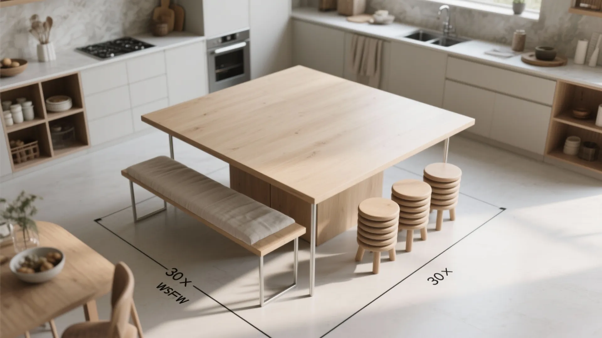 Modern kitchen with large wooden table including grey cushioned bench and three round wooden stools