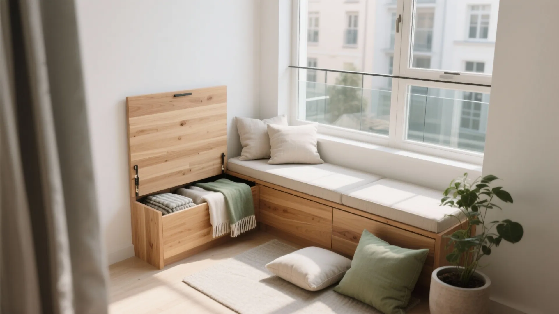 Built-in Wooden Window Bench with Hidden Storage