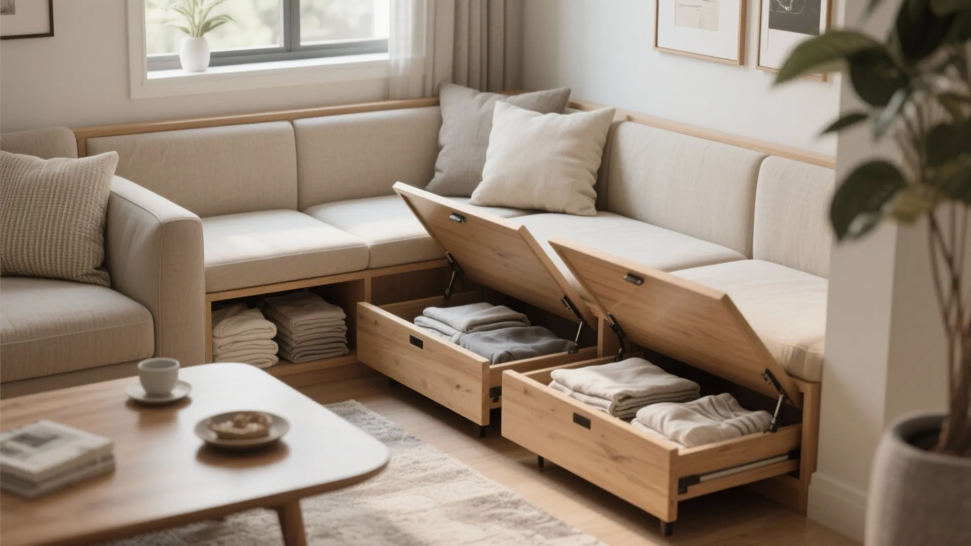 Built-in dining bench with hidden storage in small living room