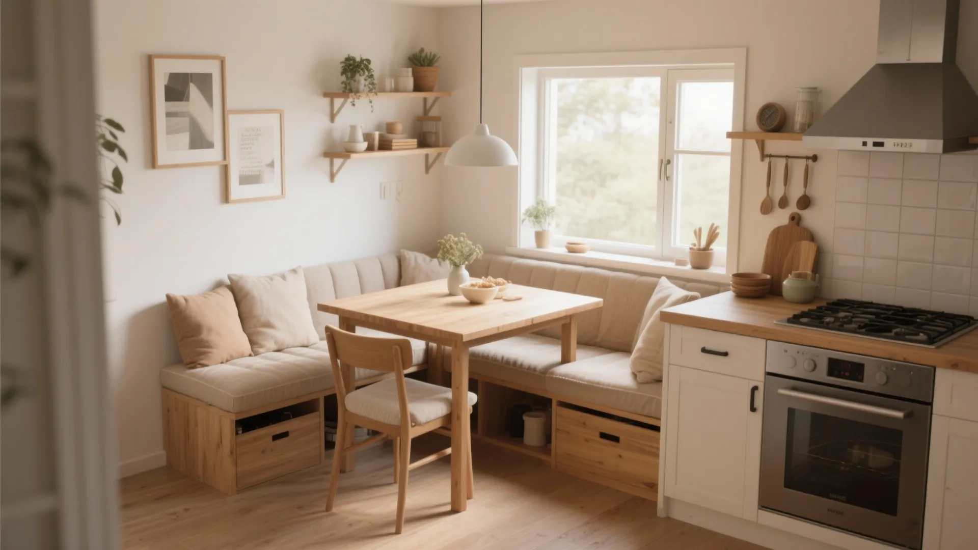 Cozy bench seating with hidden storage in a small dining nook
