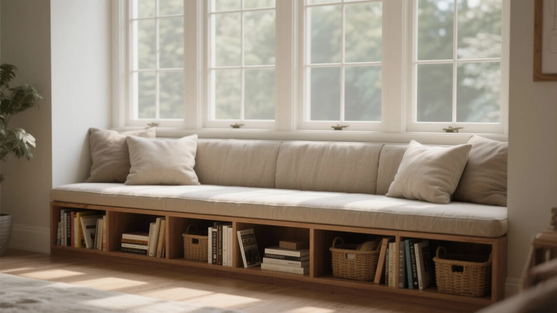 Long window seat with beige cushions and built in wooden storage containing books and baskets