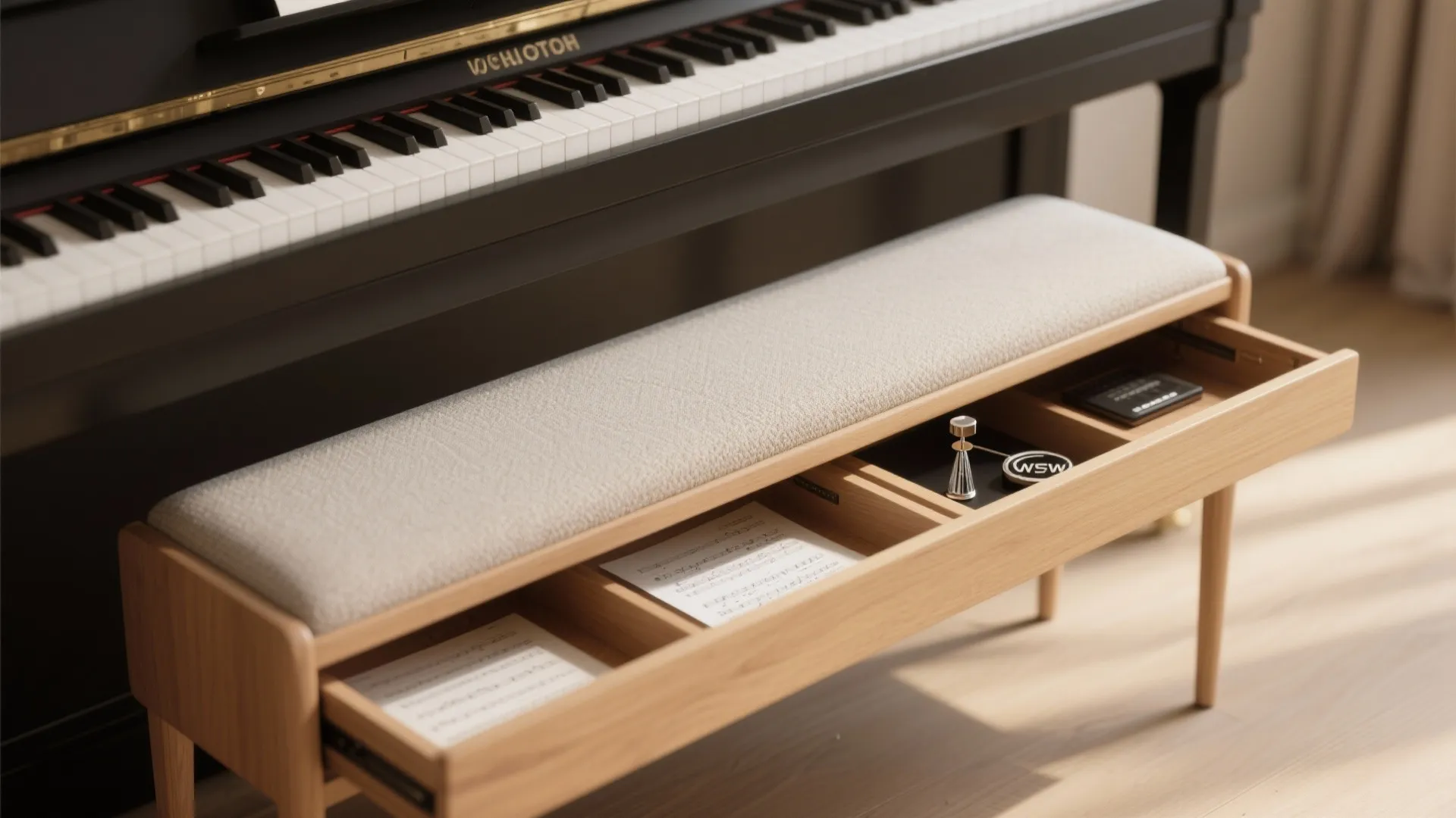 2. Dual-purpose piano bench with hidden storage