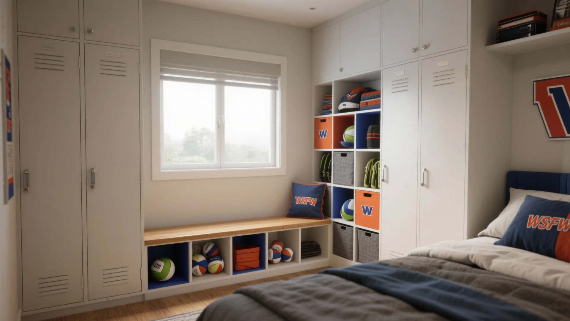 Window bench with integrated bins for ball and gear storage and a locker-style wardrobe in a tidy football-themed bedroom.