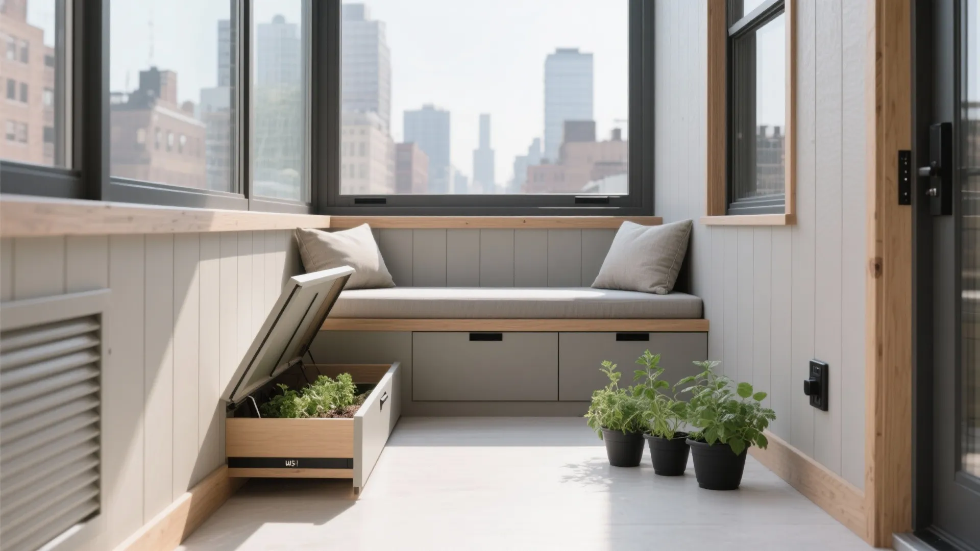 Minimal balcony storage with a slim built-in bench
