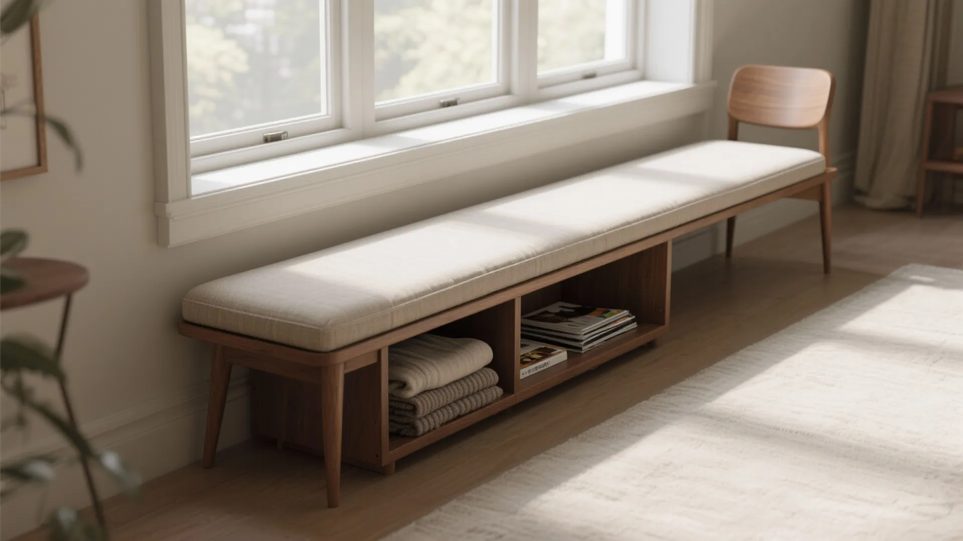 3. Narrow bench-chair hybrid with storage