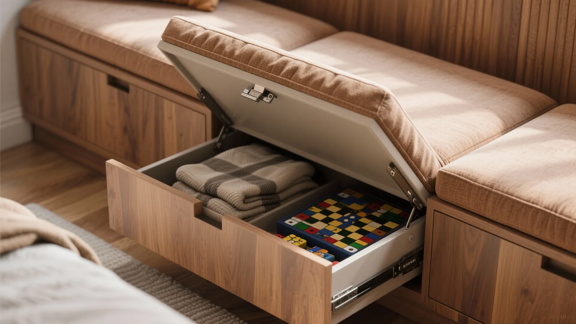 Wooden bench with cushion seat lifted to show storage space for blankets and a board game