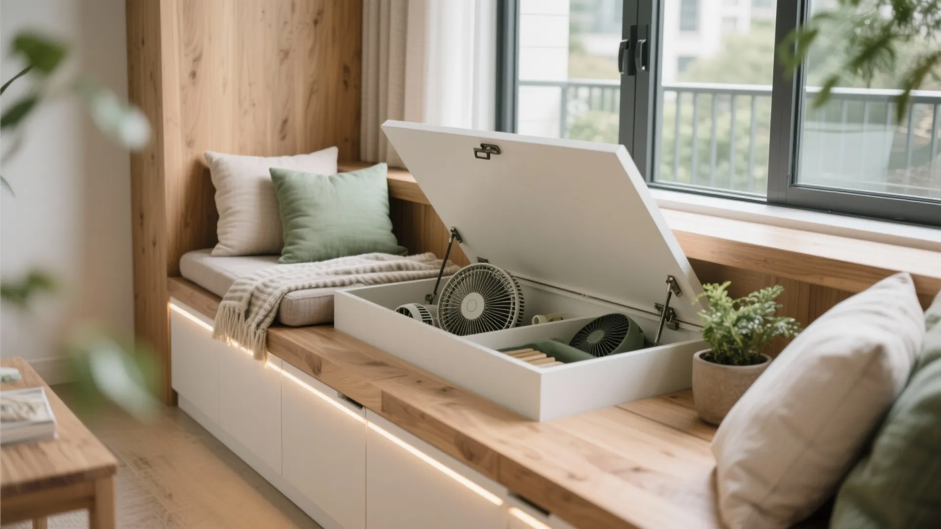 Built-in bench with hidden storage by the balcony