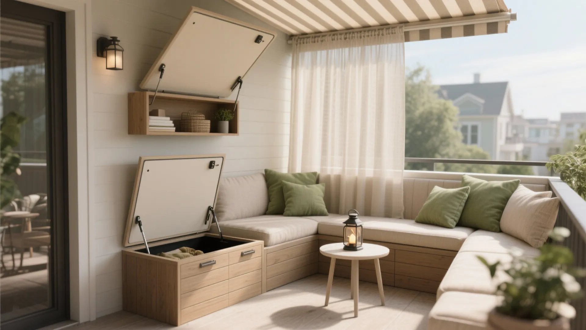 Built-in bench with hidden storage (plus soft layers for privacy)