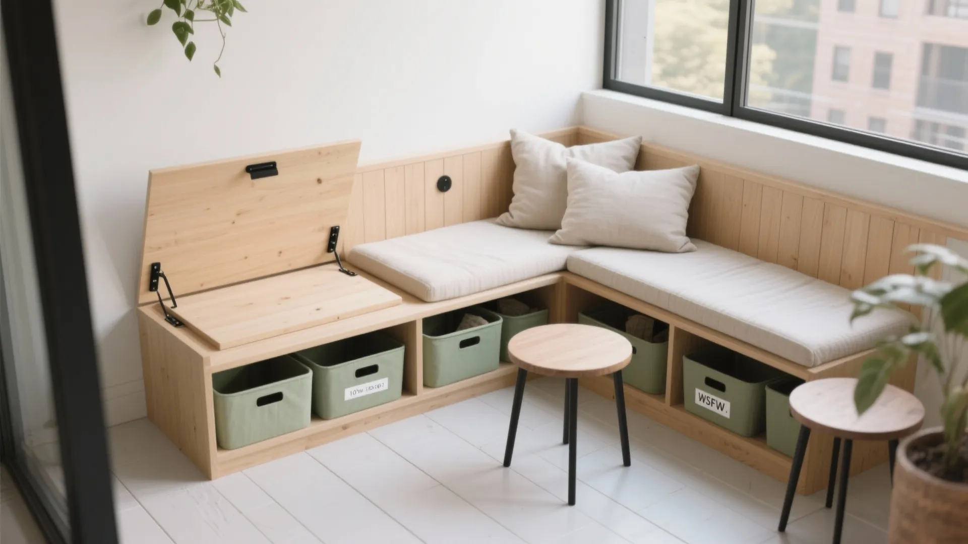 Minimal built-in bench with hidden storage