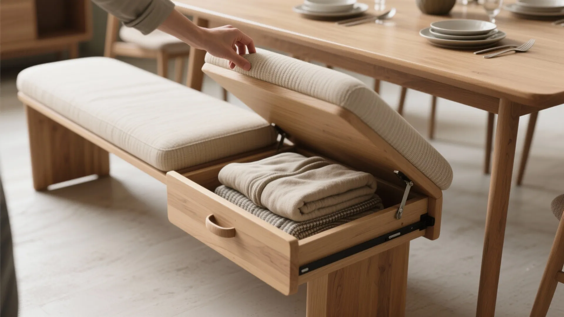 Wooden storage bench with open drawer showing folded clothes next to a light wood area