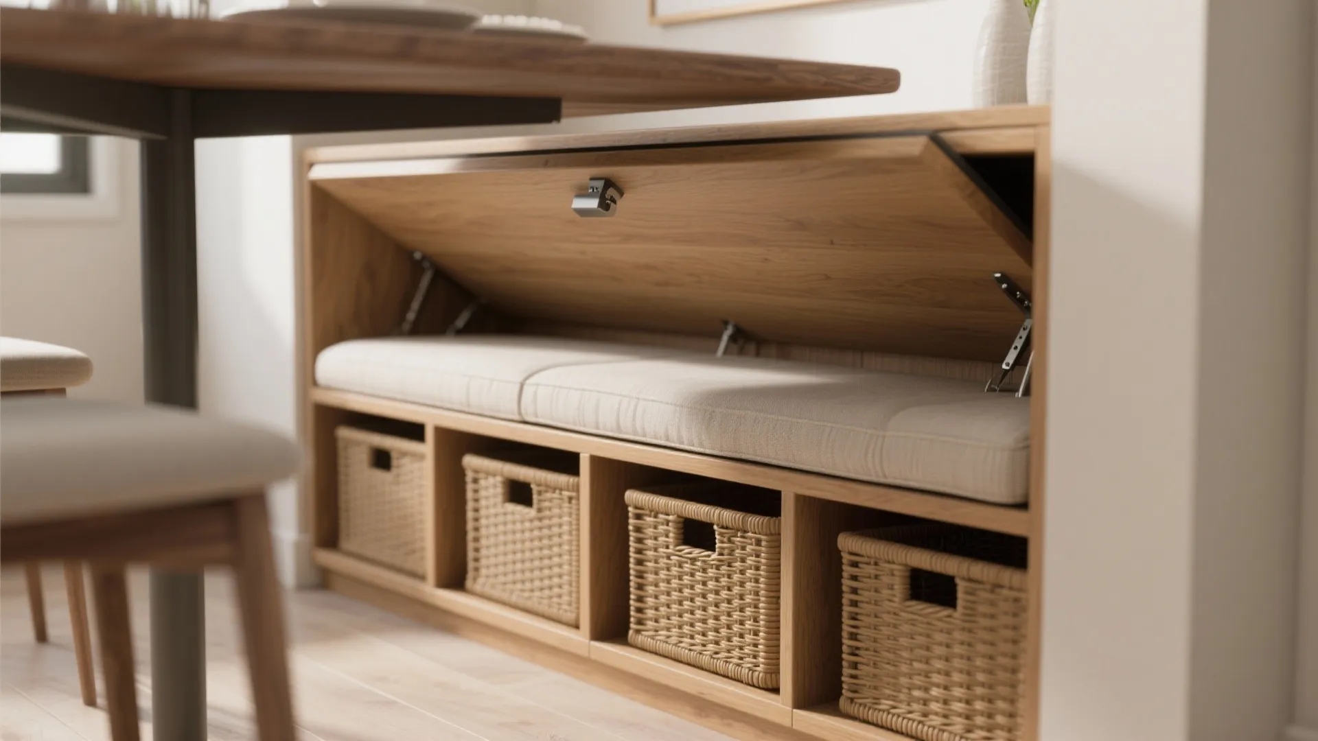 Wooden dining bench with storage showing a lifted seat cushion and four woven storage baskets underneath