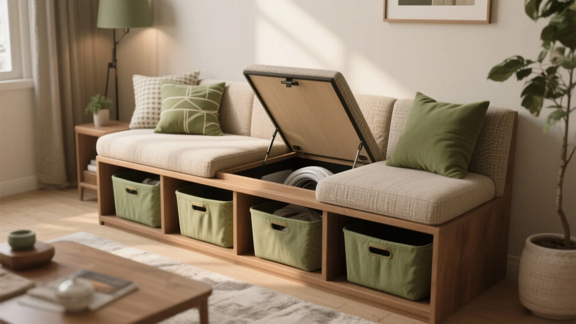 Wooden sofa with green pillows and built in storage bins underneath in a living room