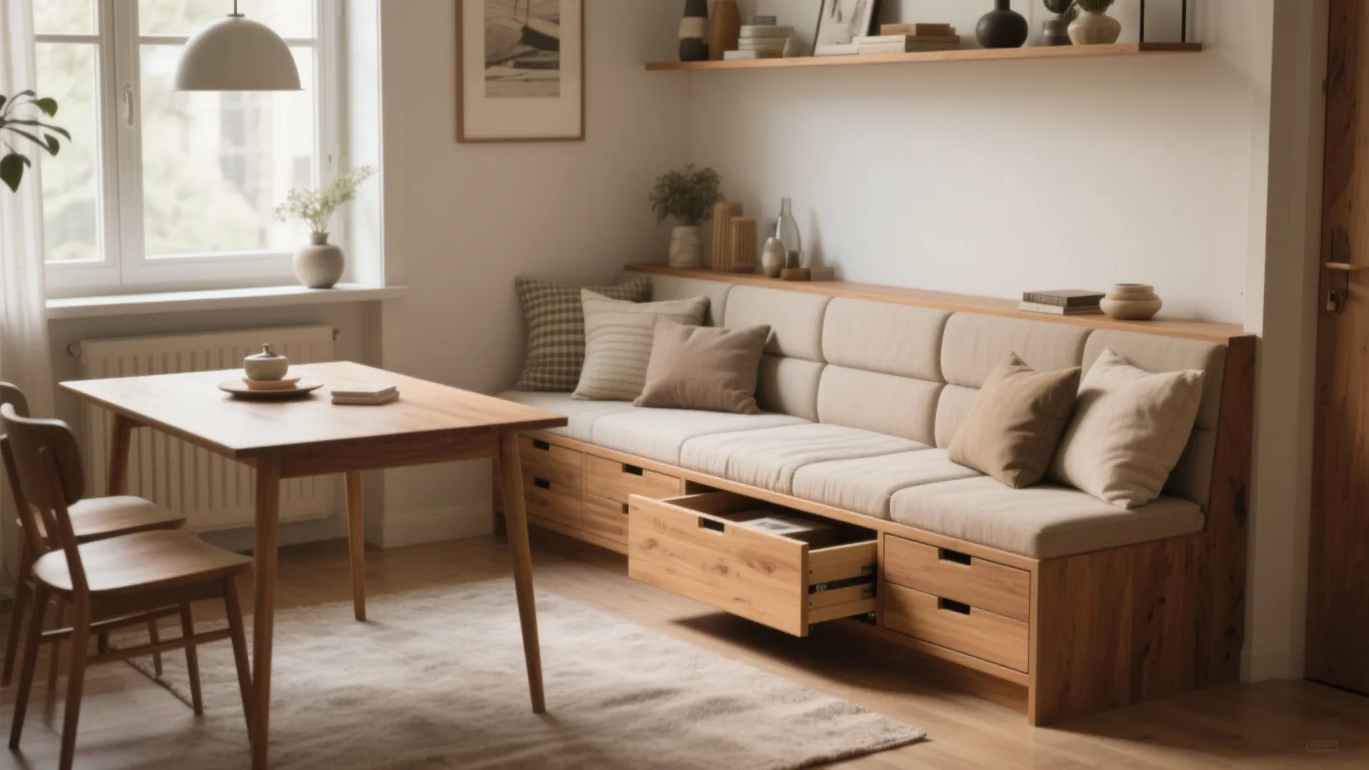 5. Integrate storage: bench seating with built-in drawers