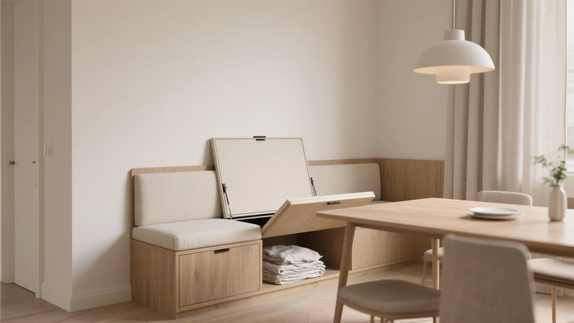 Wooden dining bench with open storage seat showing folded blankets near table and white walls