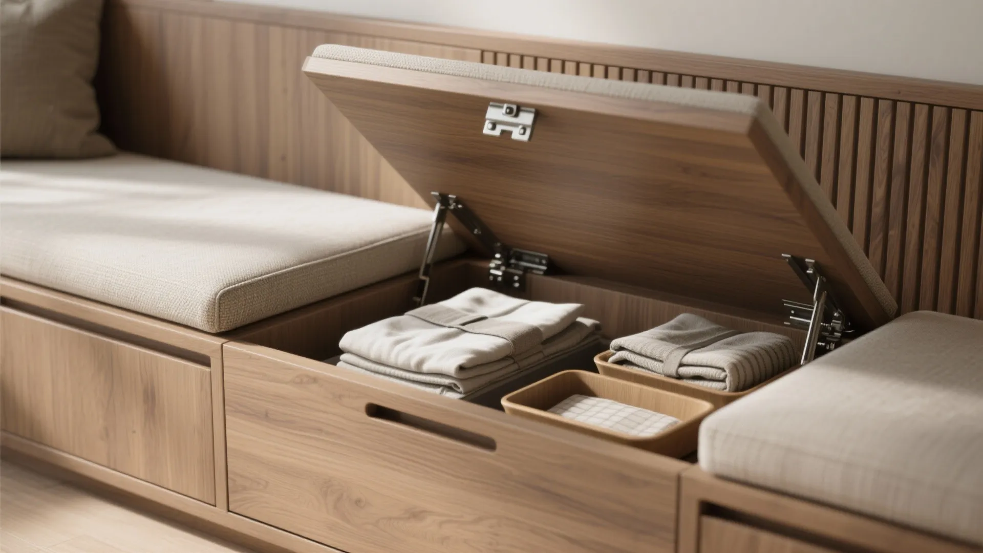Wooden bench with an open seat showing hidden storage space for folded towels and clothes