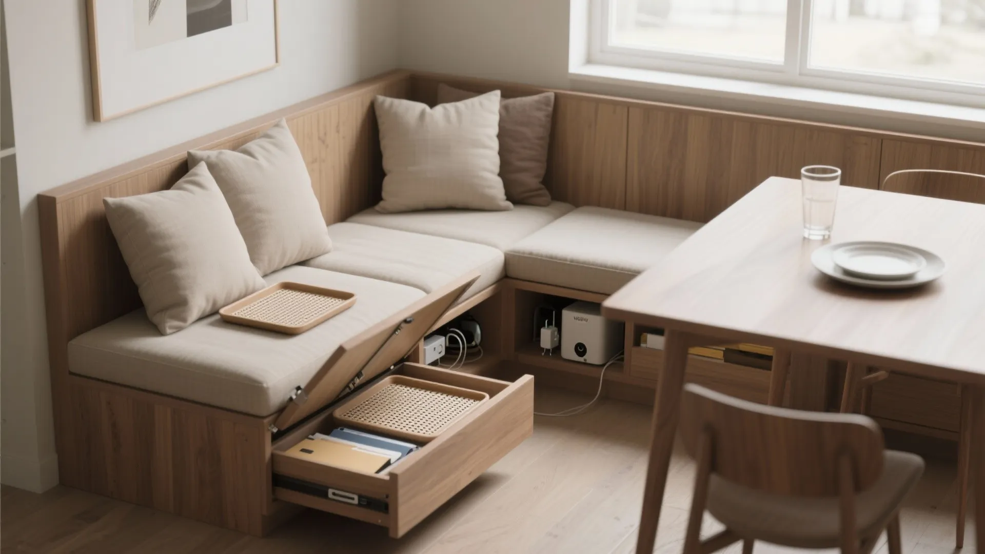 2. Bench seating that hides office storage