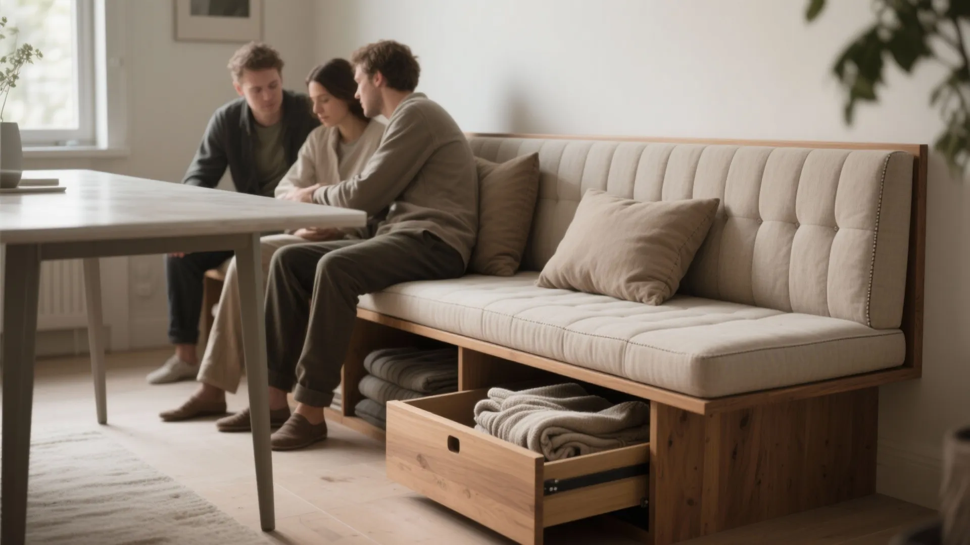 Built-in bench seating with under-seat storage revealing blankets, linen cushions, and a supportive backrest next to a slim table.