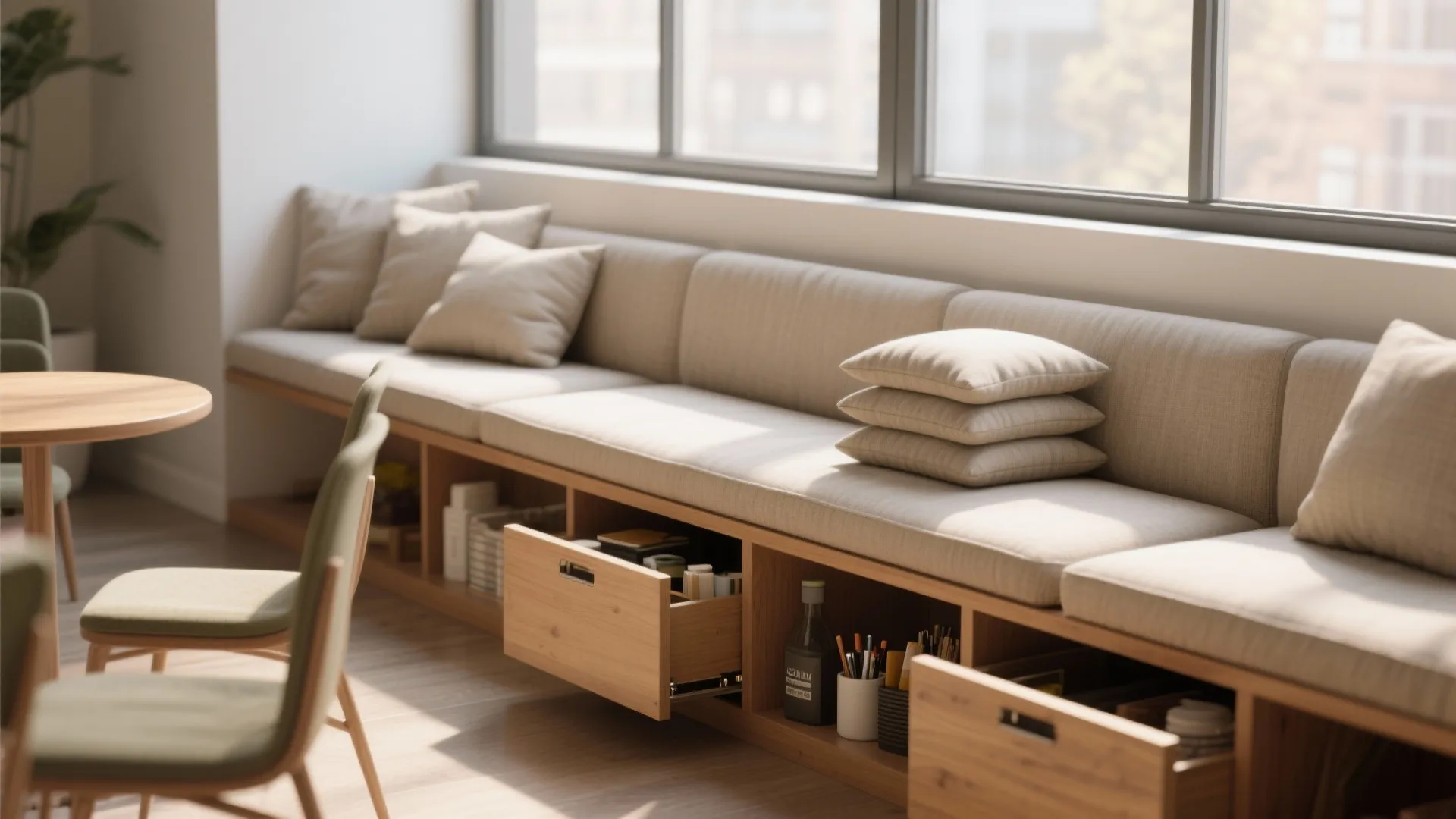 2. Multipurpose bench seating that doubles as storage