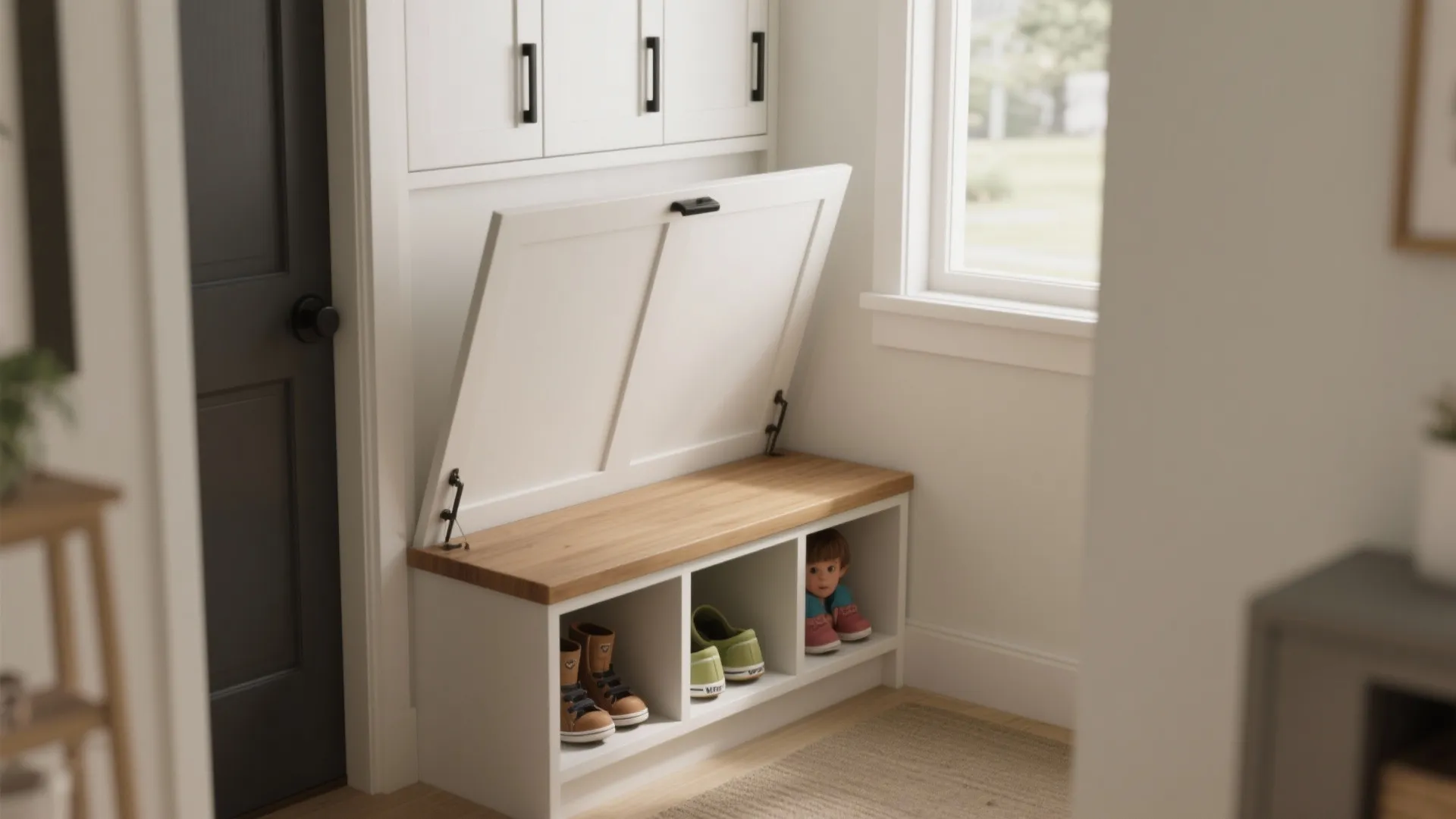 Slim built-in bench with lift-up storage and internal cubbies in a narrow mudroom.