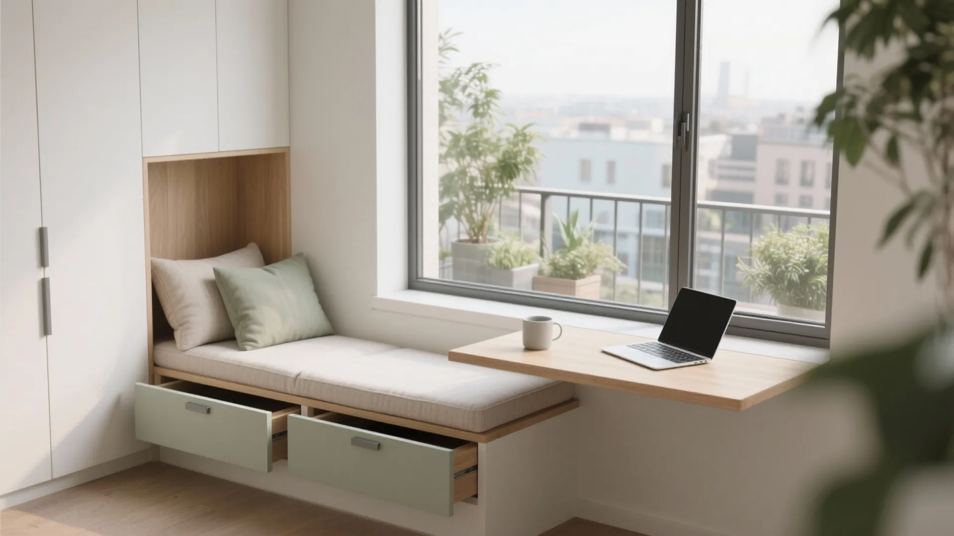 Built-in bench, sill desk, and hidden storage below the frame