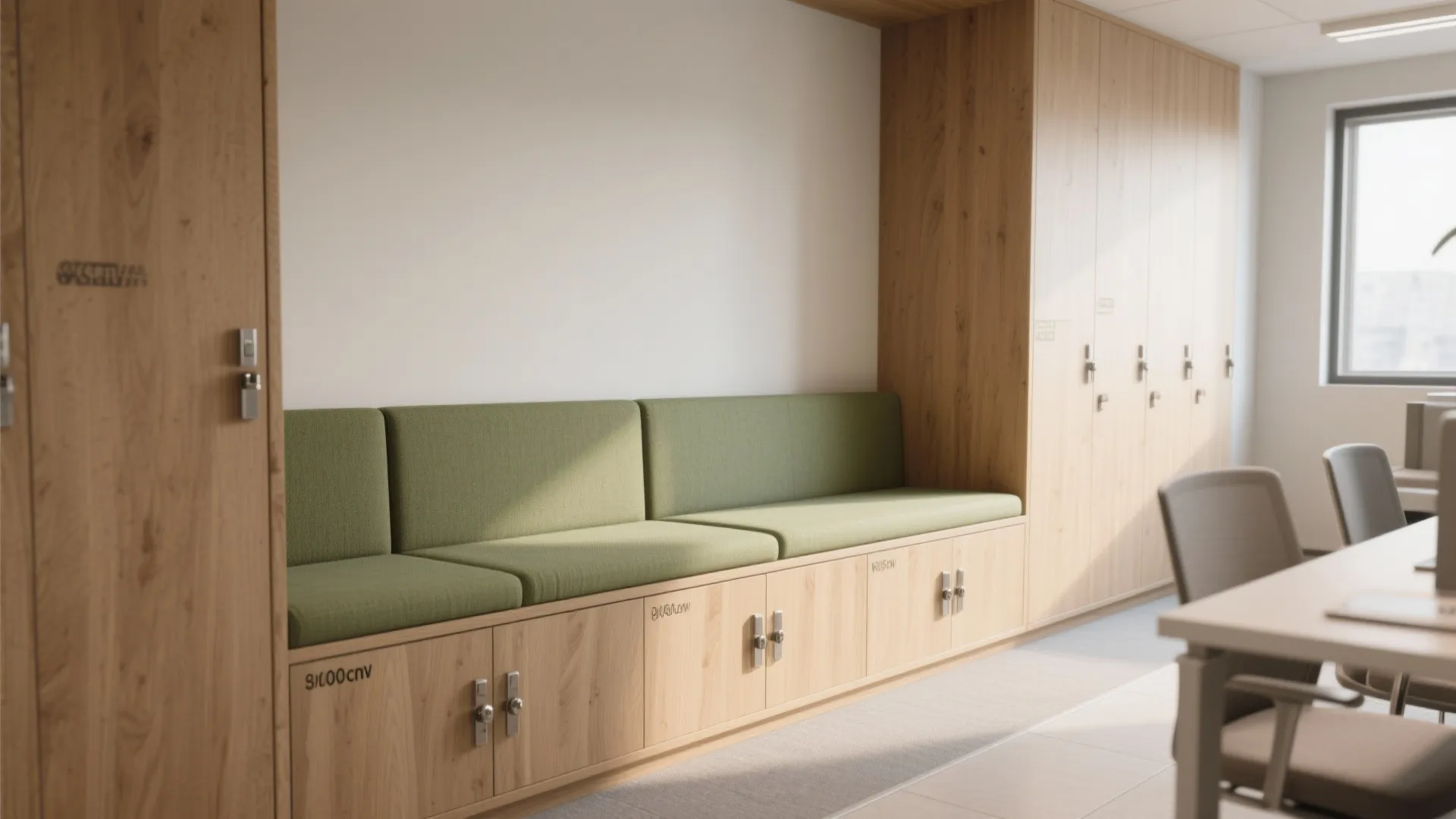 Wooden cabinet with green seat cushions provides storage and extra seating in a bright office room