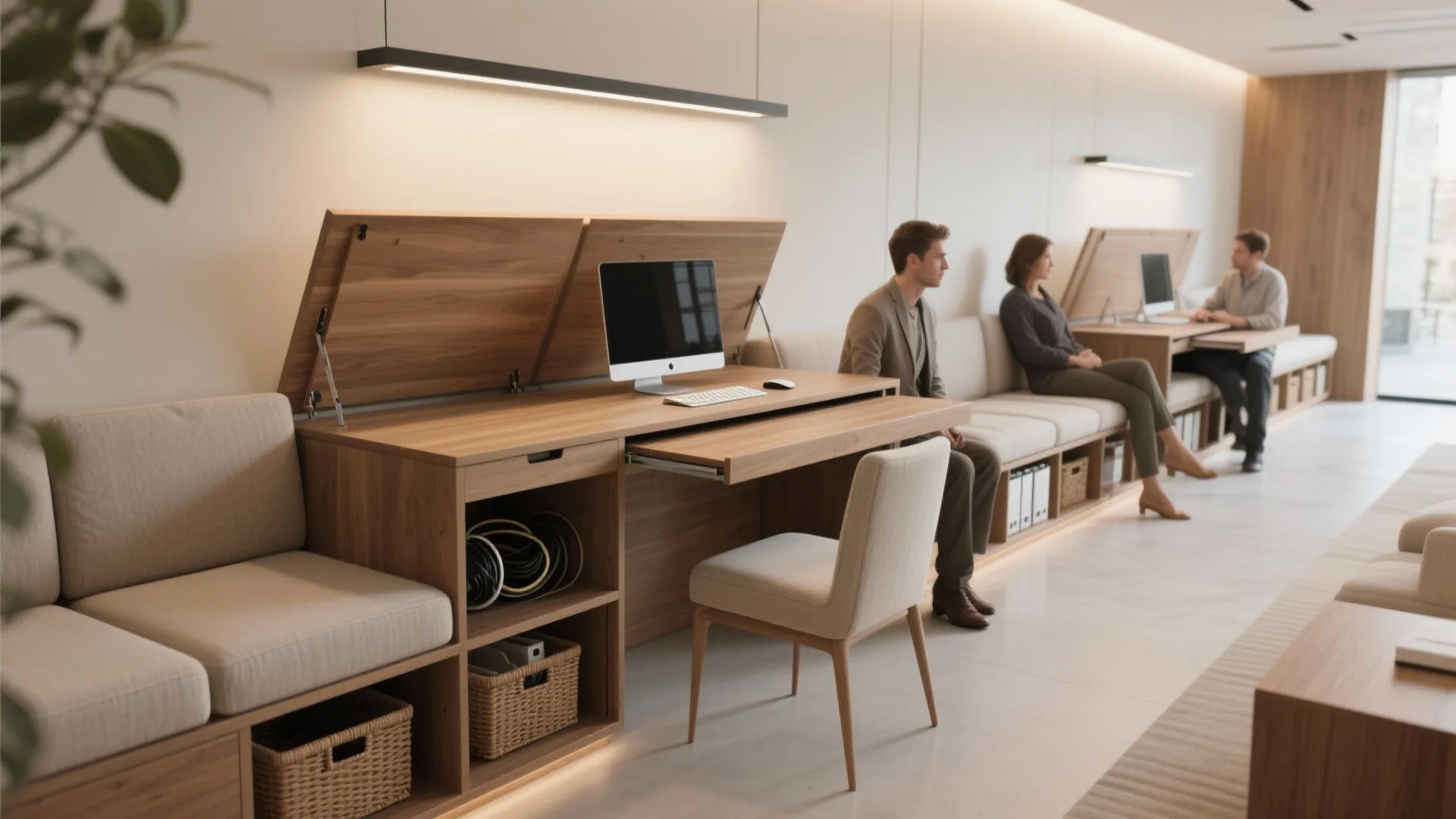 2. Bench seating with hidden storage and pull-out desk