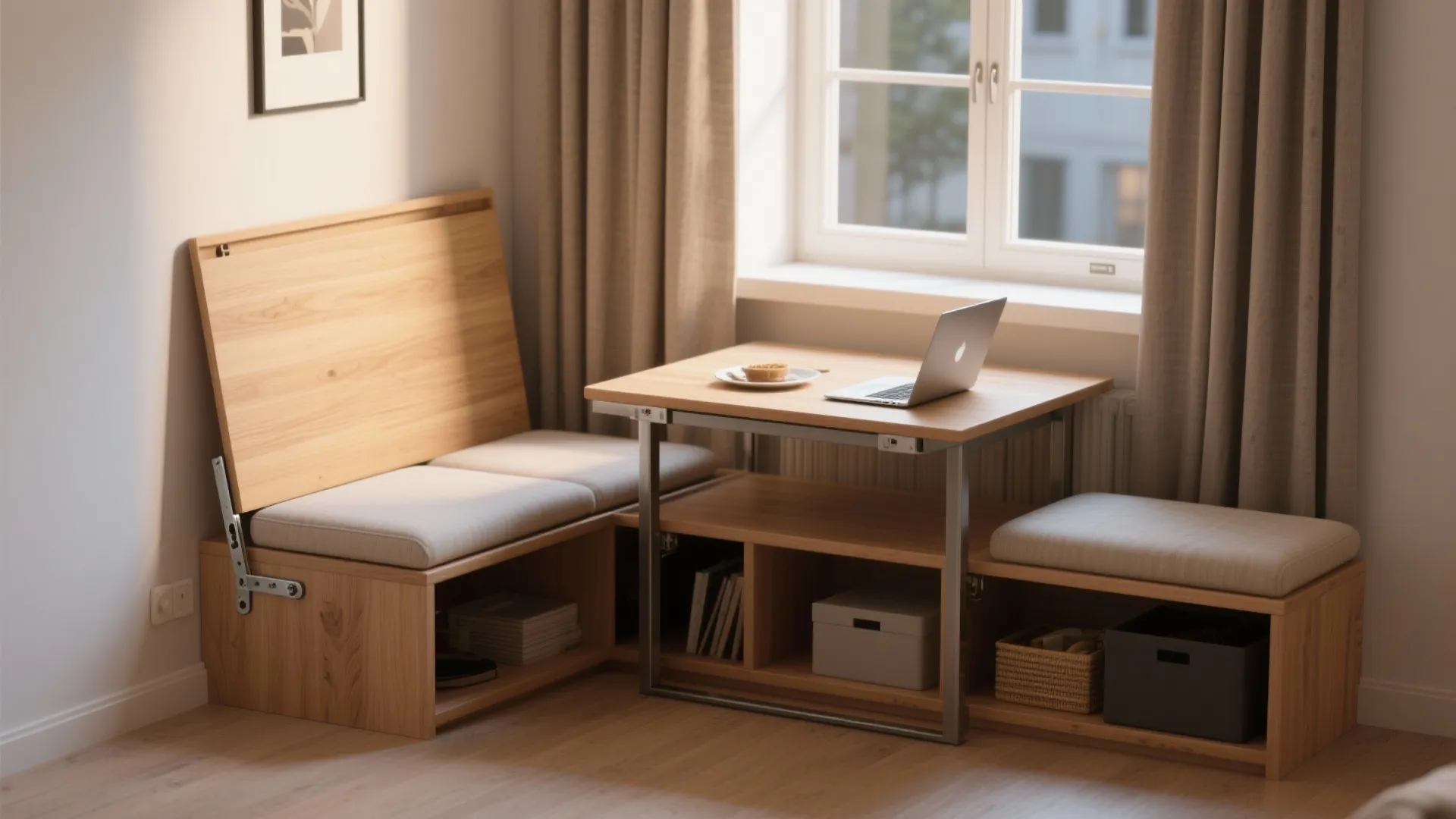 4. Bench-integrated folding table with storage