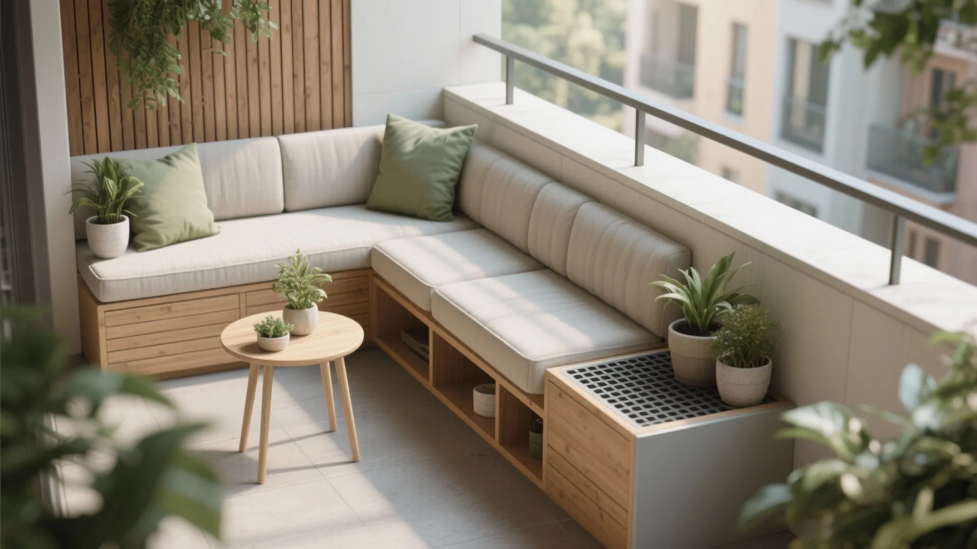 Cozy balcony corner with wooden corner sofa green pillows small round table and potted plants
