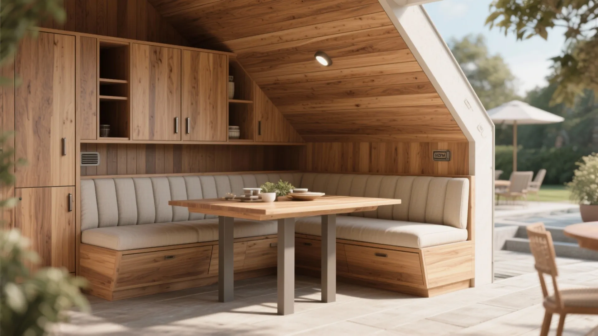 4. Built-in bench seating with hidden wood cabinets