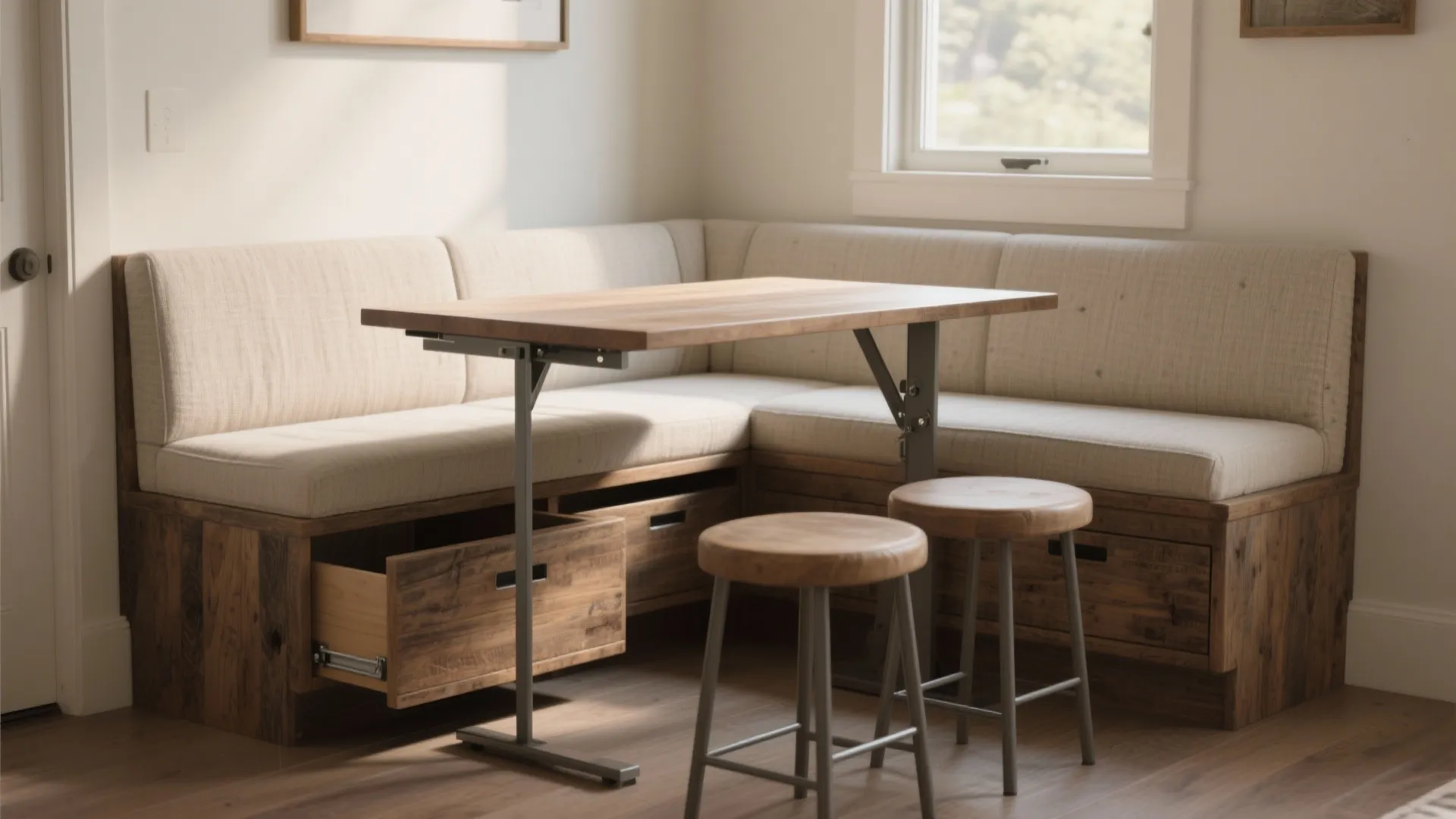 2. Multi-purpose furniture: benches with storage and fold-down tables