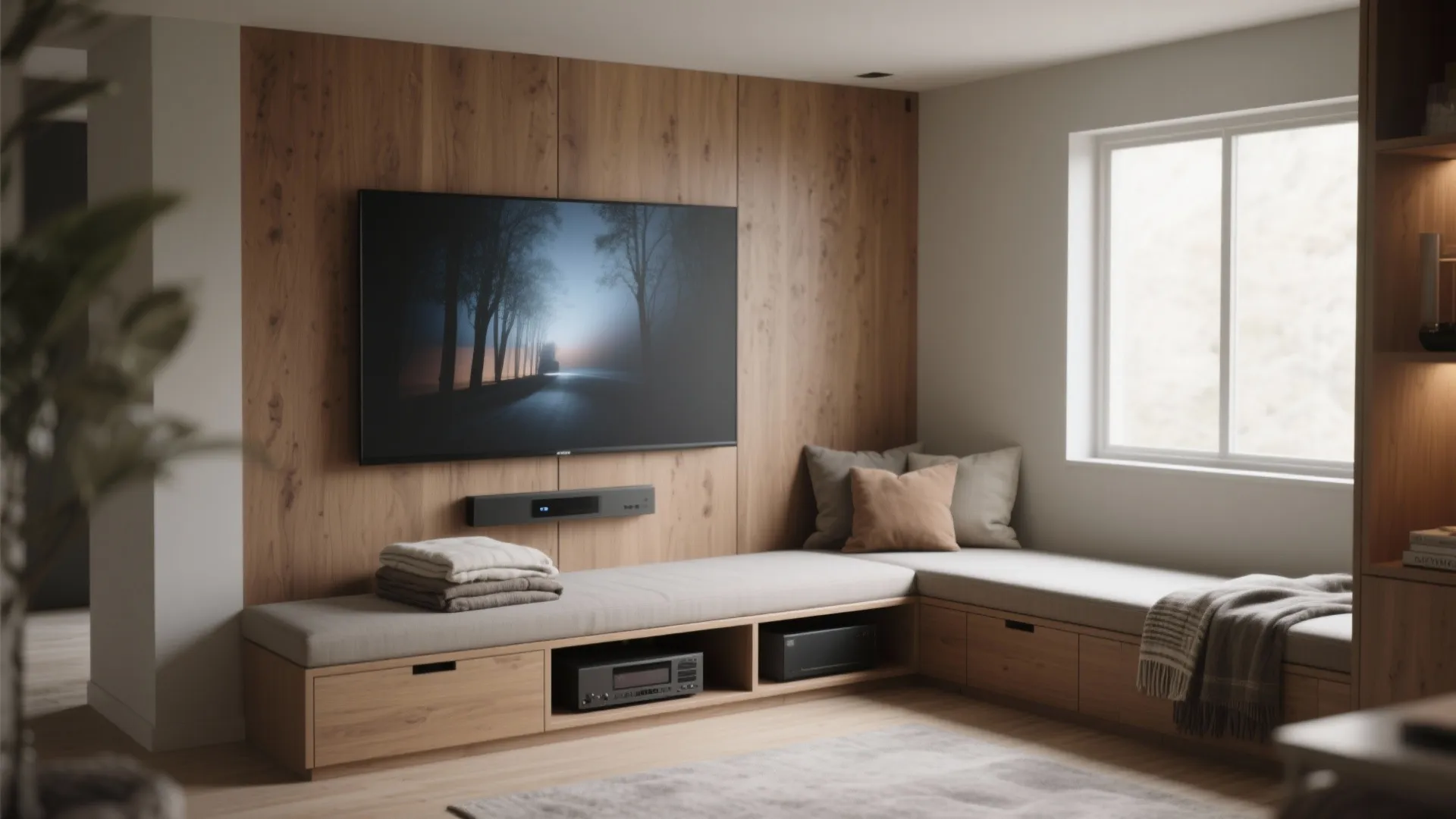 Modern living area with a wall mounted television over wooden bench storage near bright windows