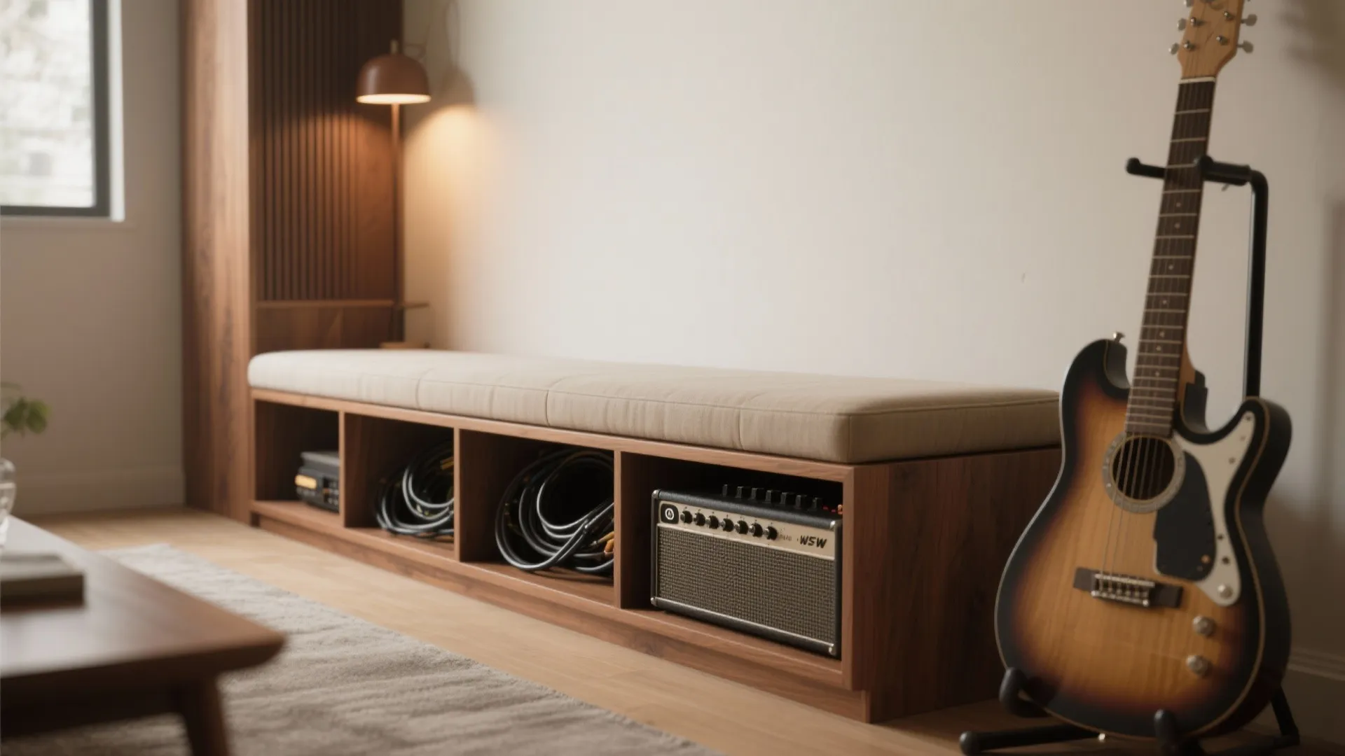 Wooden storage bench with tan cushion holding music equipment next to an electric guitar stand