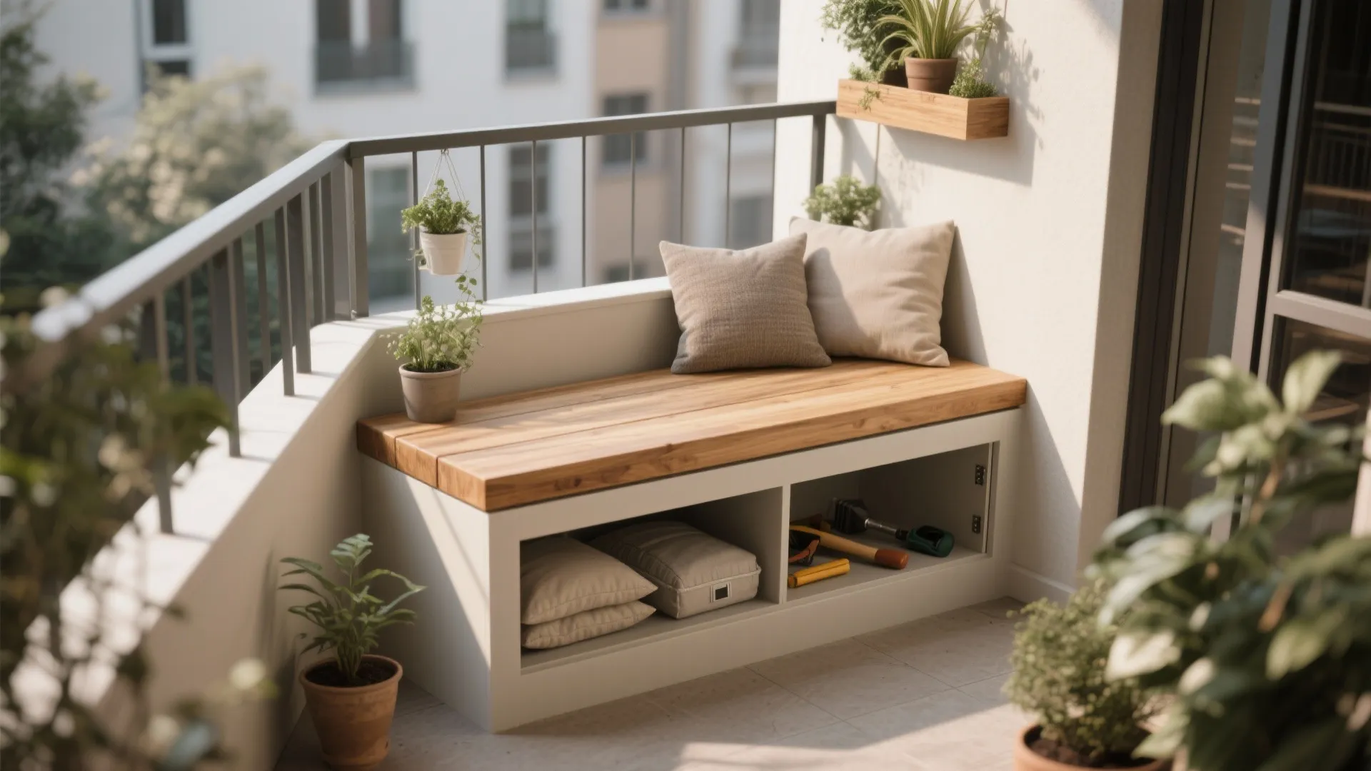Modern balcony with wooden bench storage white cabinets grey pillows green potted plants and metal railing
