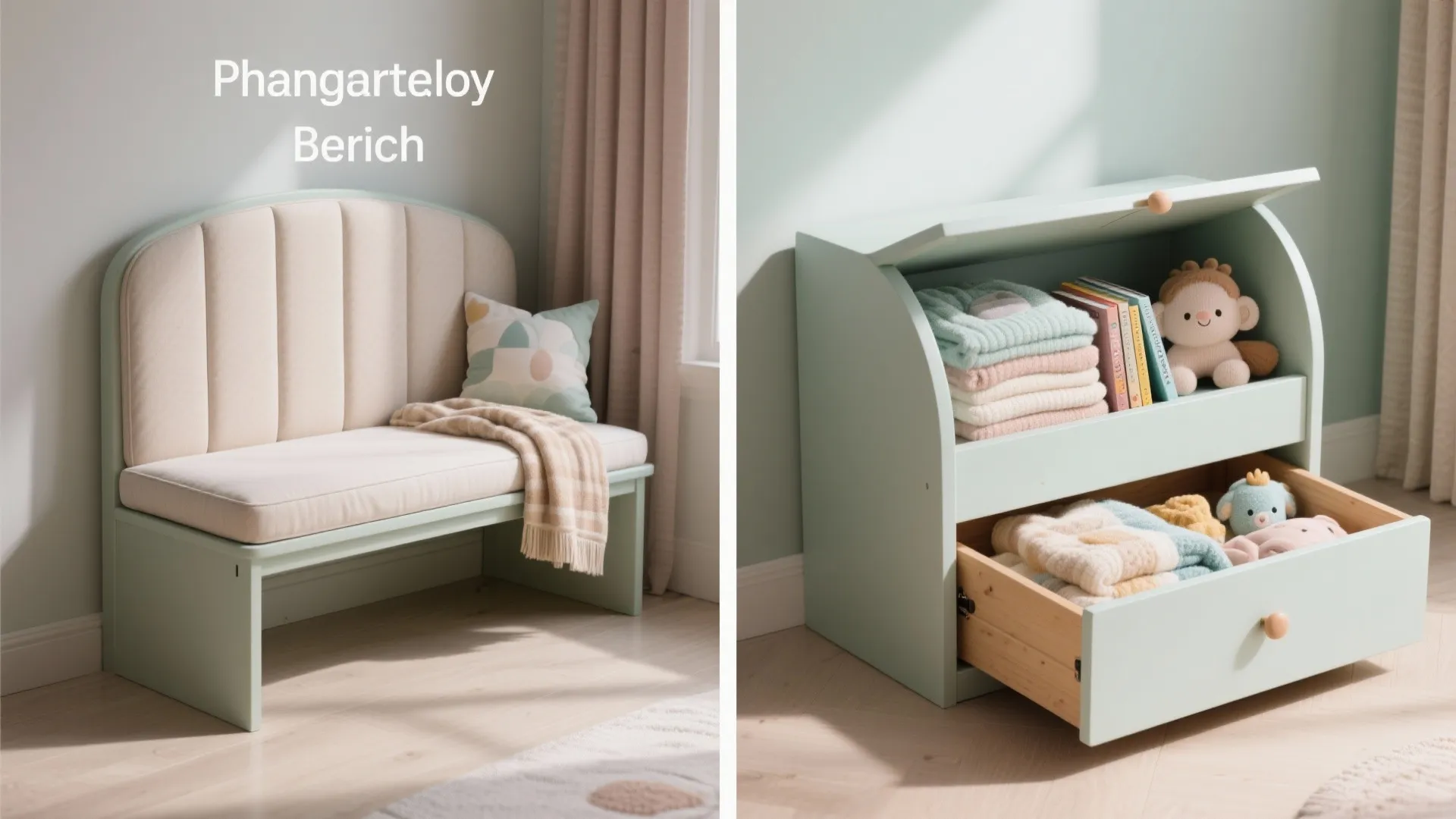 Light green storage bench with cushions next to an open toy chest with wooden drawer